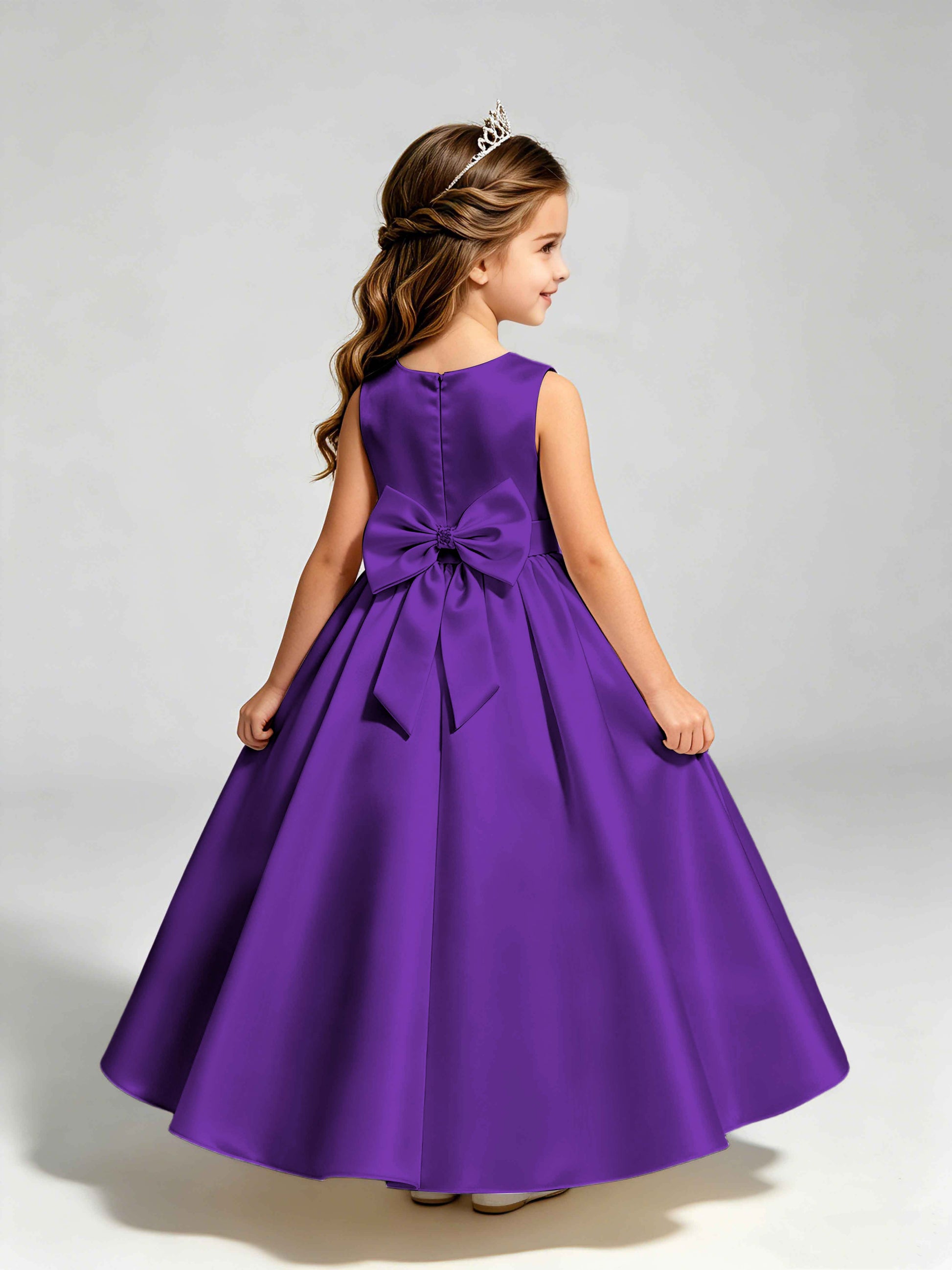 Satin Flower Girl Dress with Bow Princess Girls Pageant Gowns