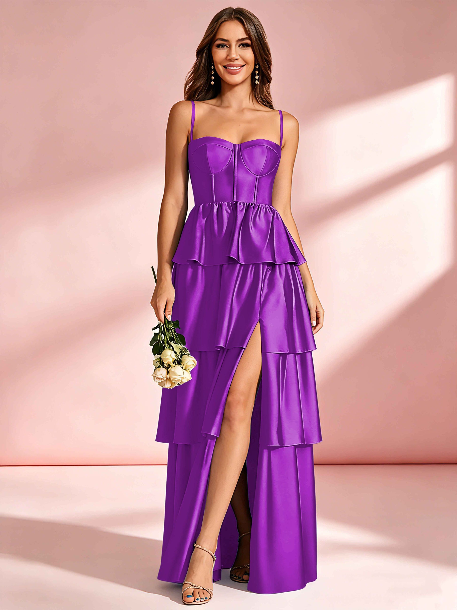 Satin Tiered Corset Bridesmaid Dresses Formal Evening Gown