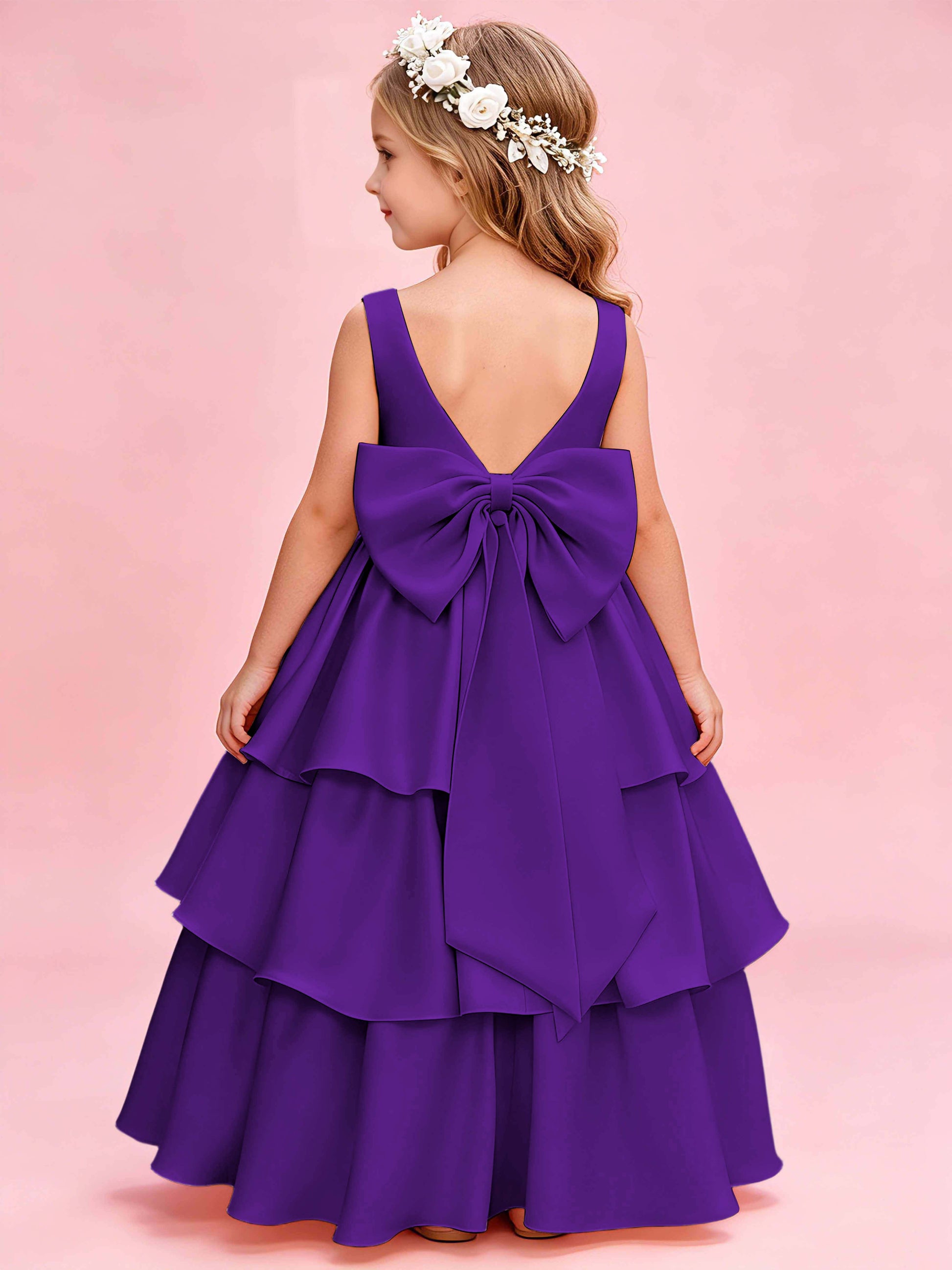 Tiered Flower Girl Dress with Bow Princess Girls Pageant Gowns
