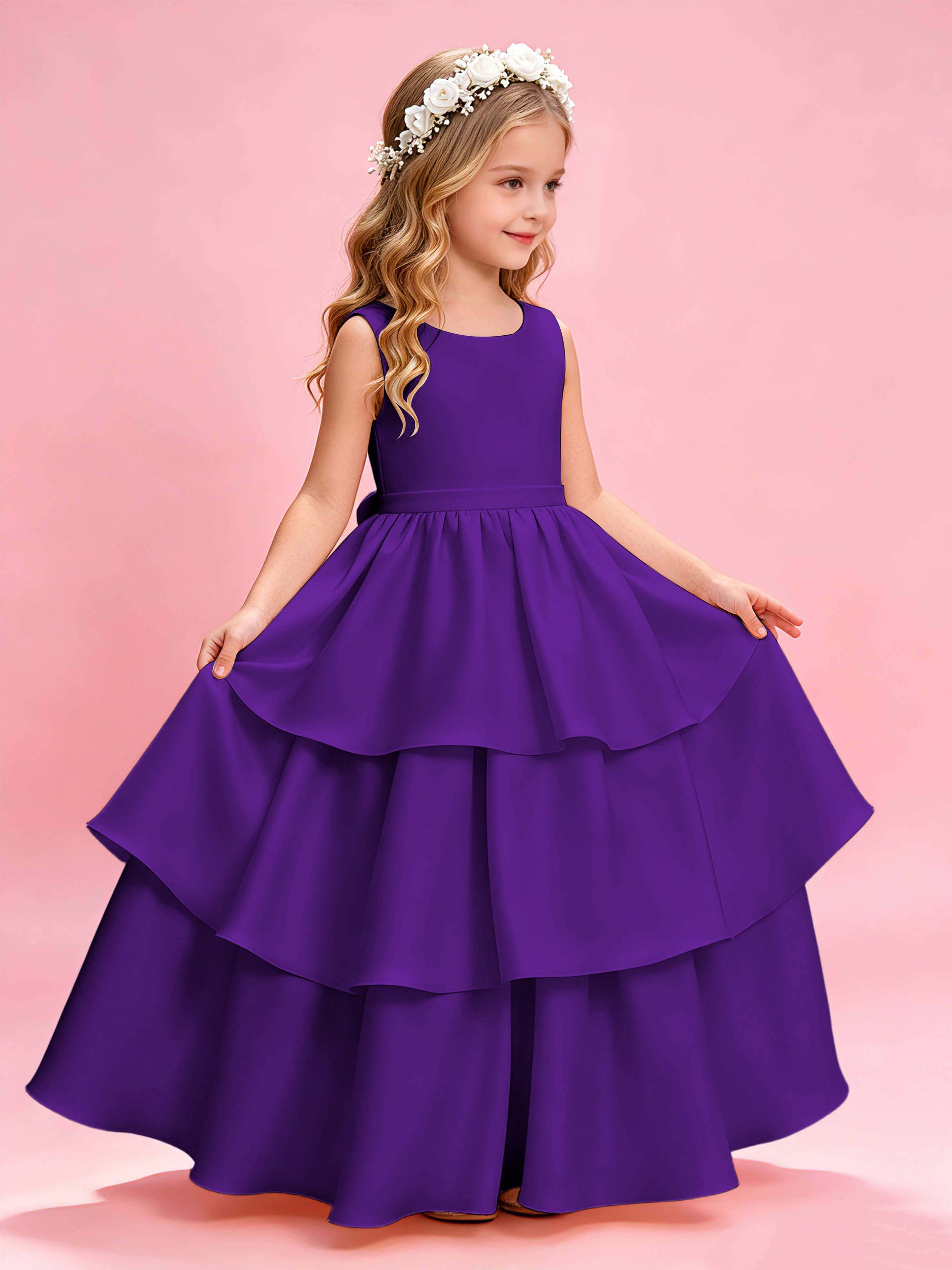 Tiered Flower Girl Dress with Bow Princess Girls Pageant Gowns