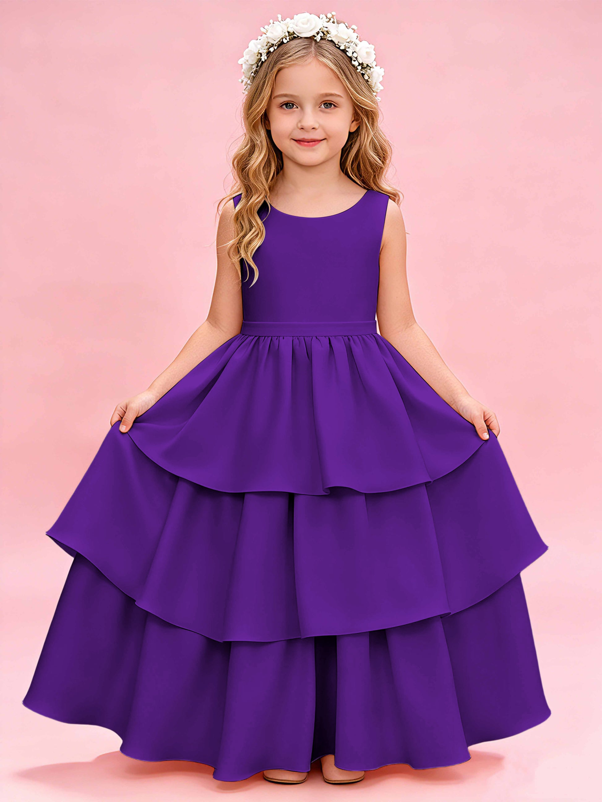 Tiered Flower Girl Dress with Bow Princess Girls Pageant Gowns
