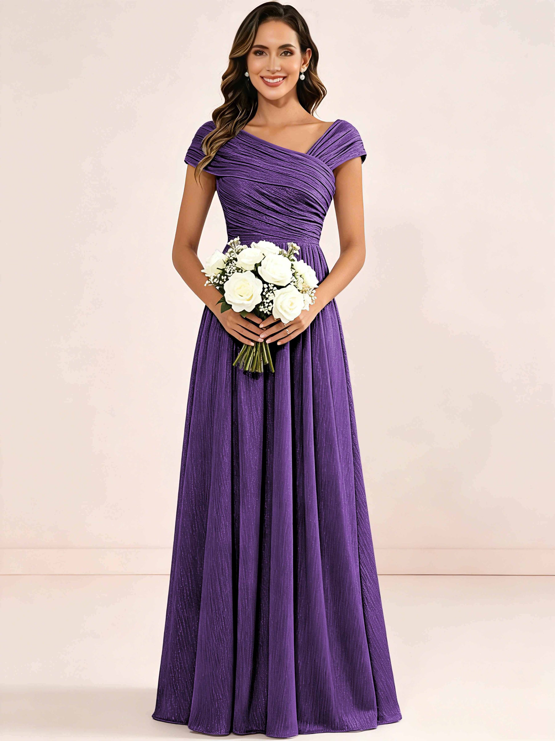 Shiny Striped Chiffon Ruched Cap Sleeve Mother of The Bride Dress