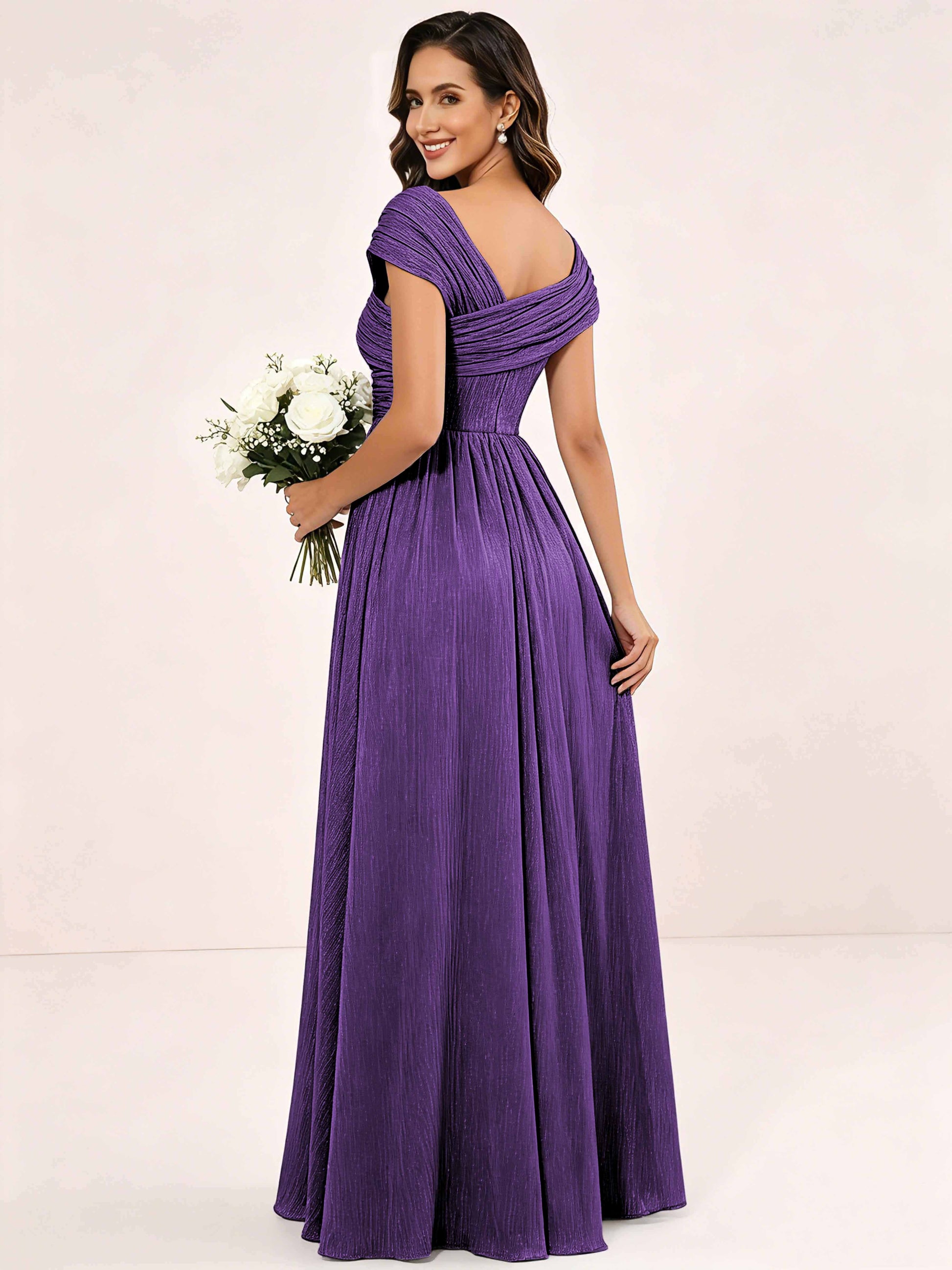 Shiny Striped Chiffon Ruched Cap Sleeve Mother of The Bride Dress