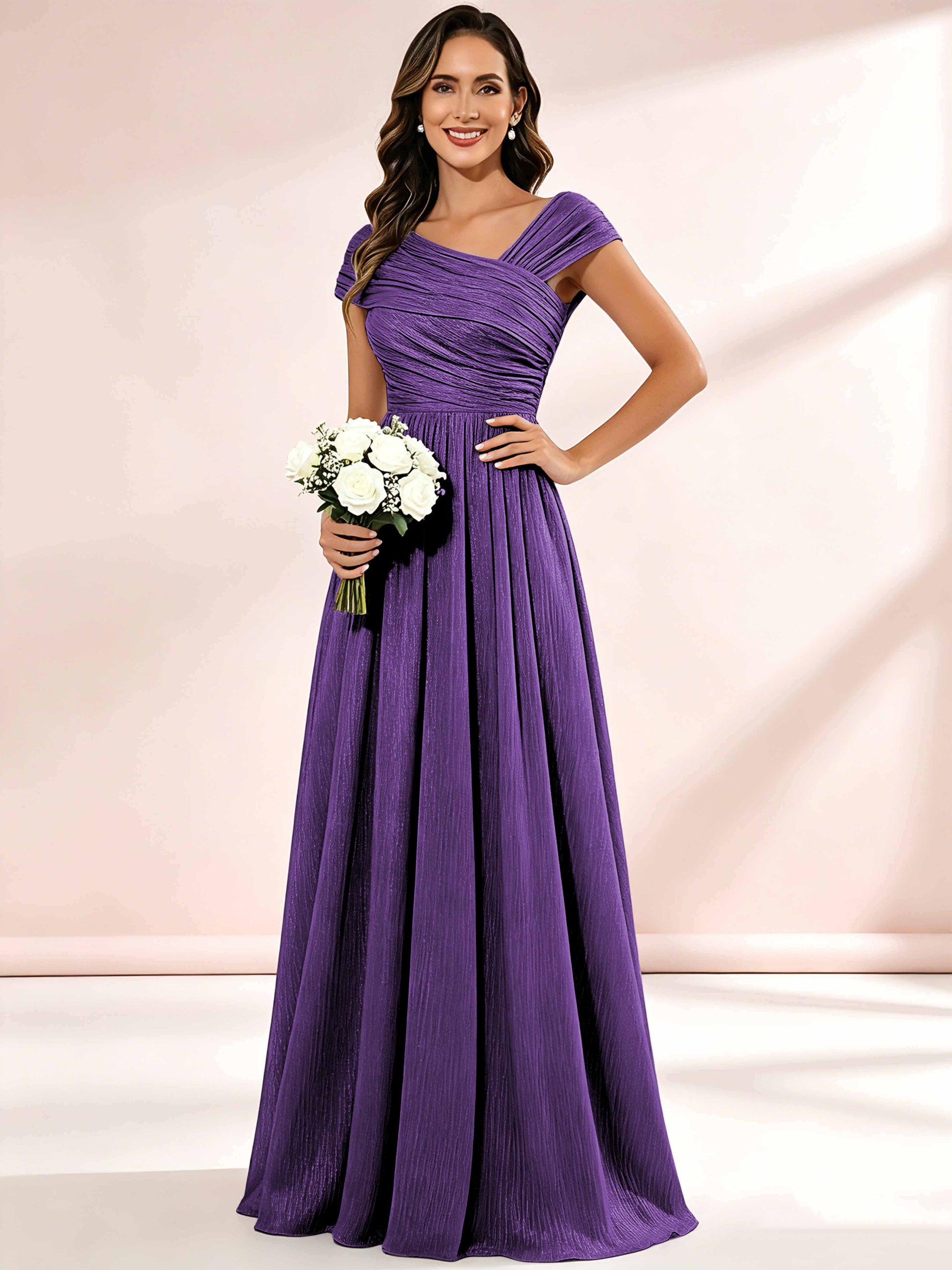 Shiny Striped Chiffon Ruched Cap Sleeve Mother of The Bride Dress