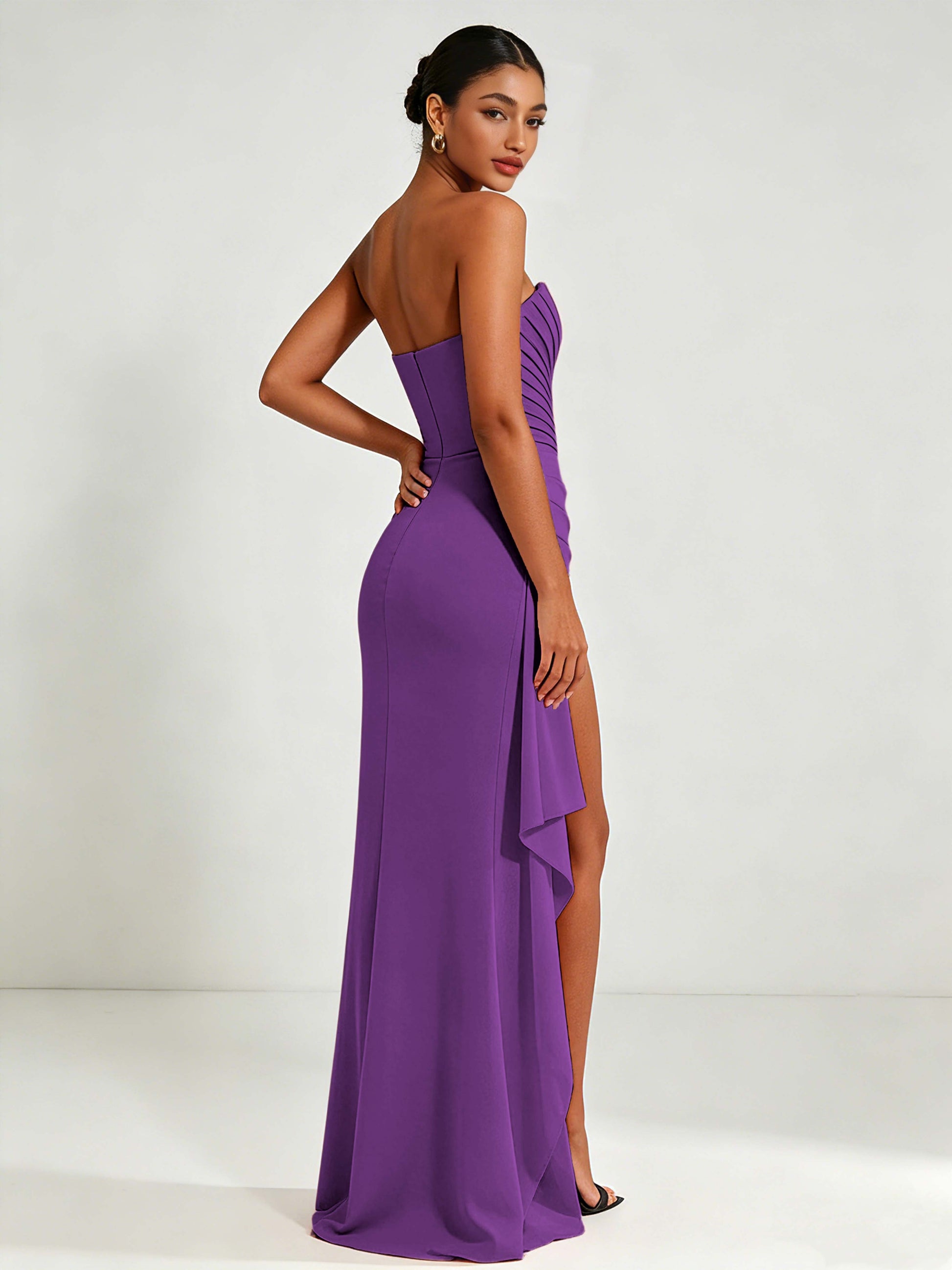 Strapless Ruched Bust Prom Dresses with Ruffle Slit