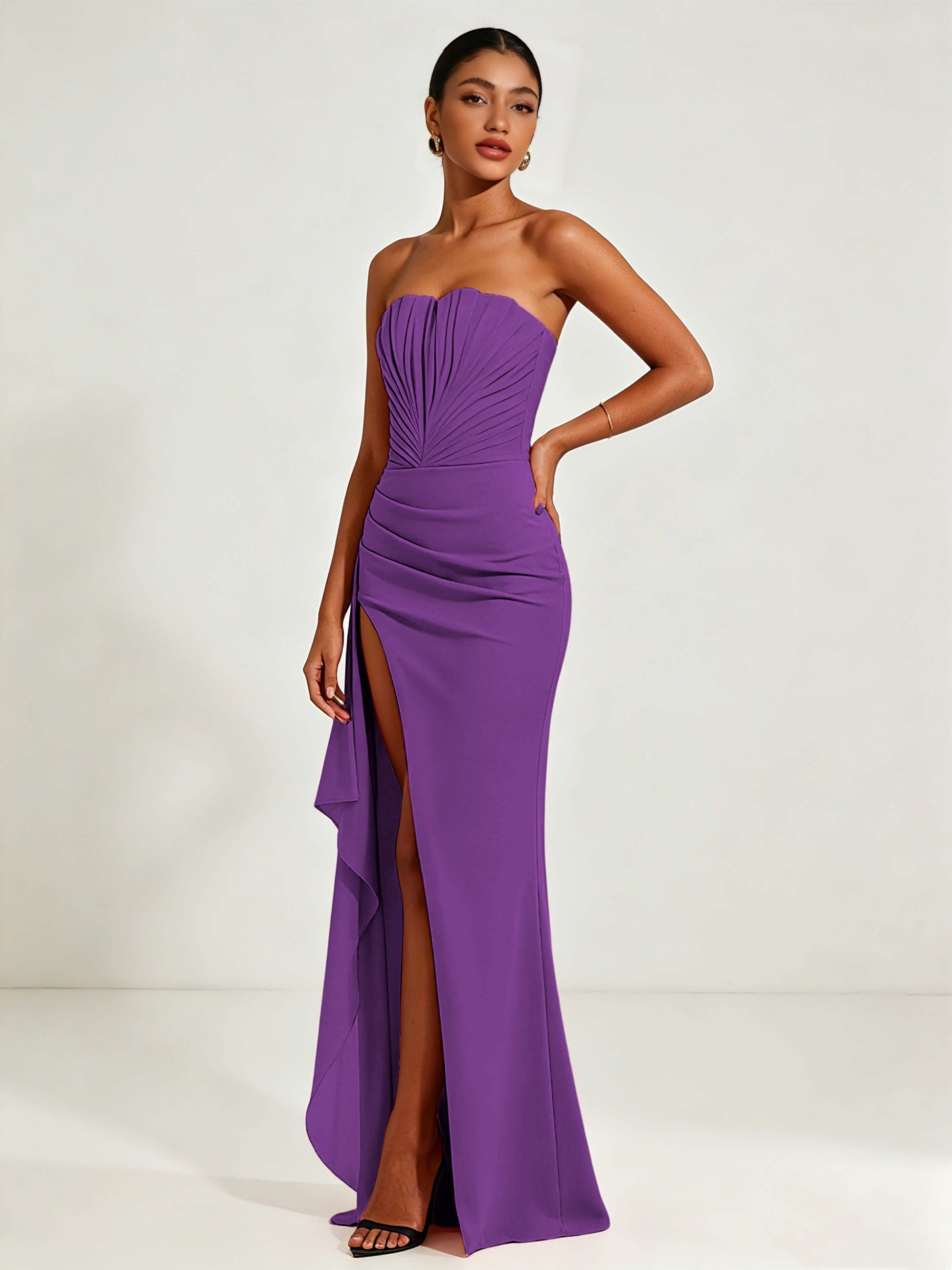 Strapless Ruched Bust Prom Dresses with Ruffle Slit