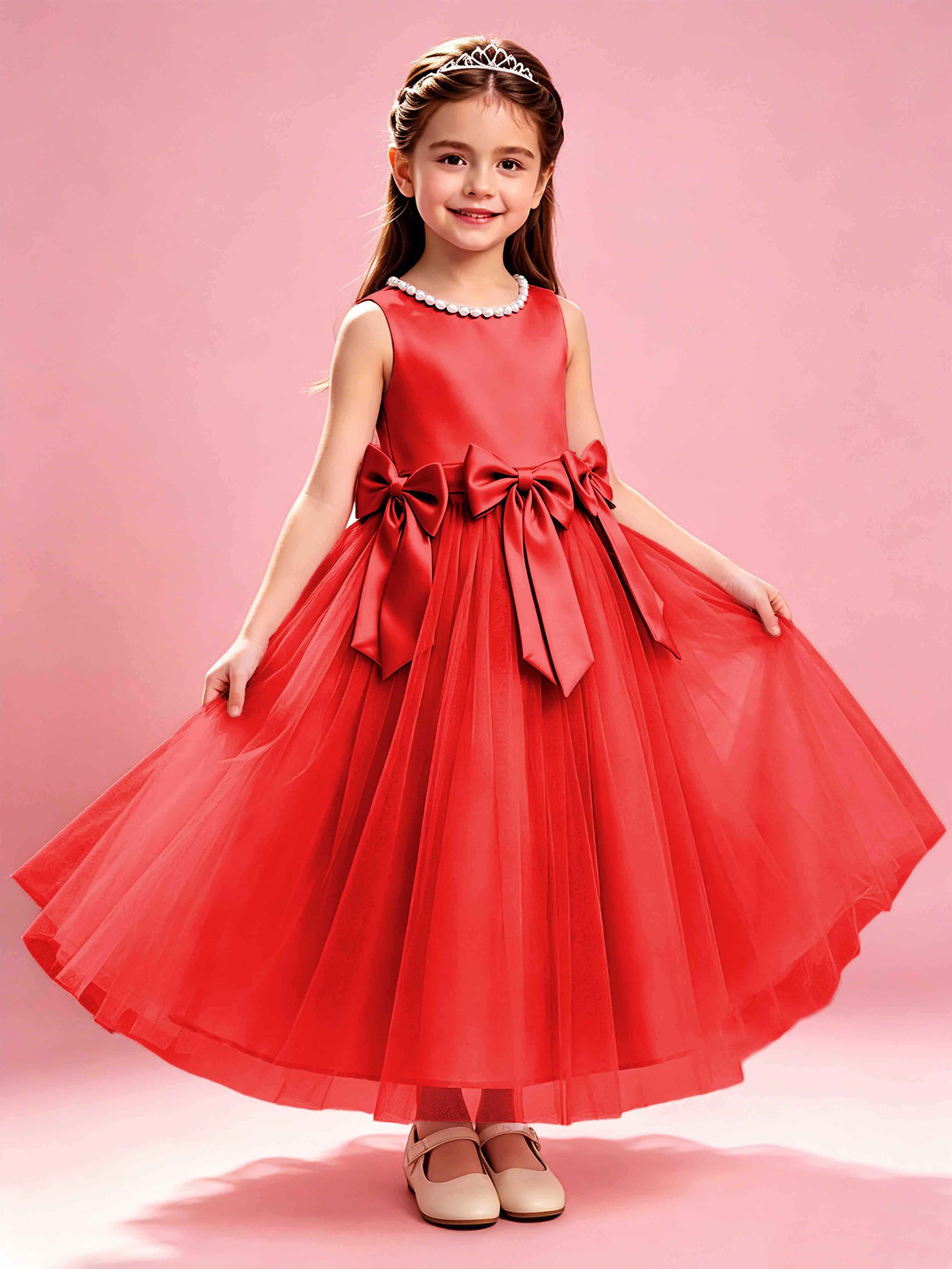 Satin Tulle Flower Girl Dress with Bow Princess Girls Pageant Gowns