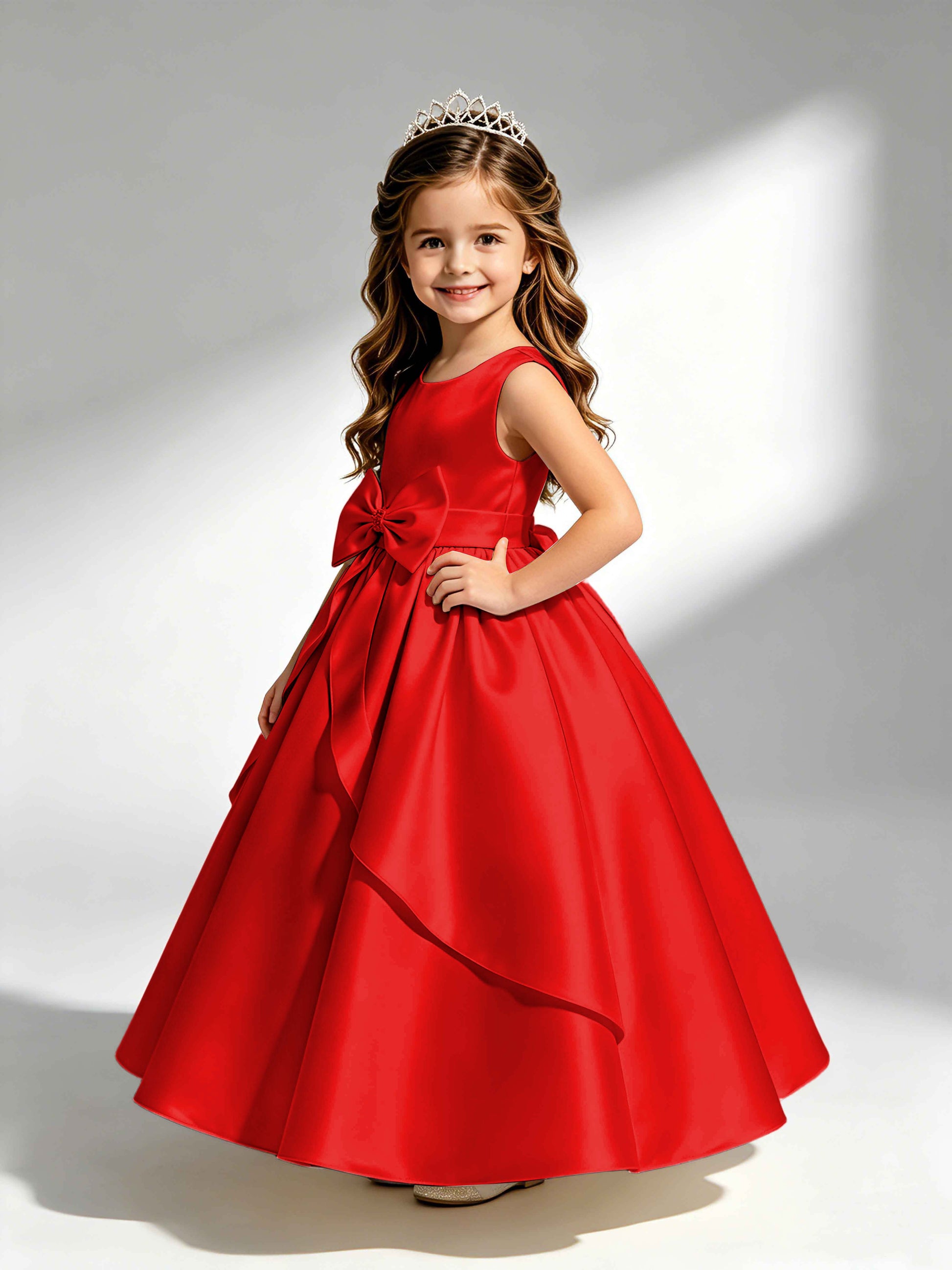 Satin Flower Girl Dress with Bow Princess Girls Pageant Gowns