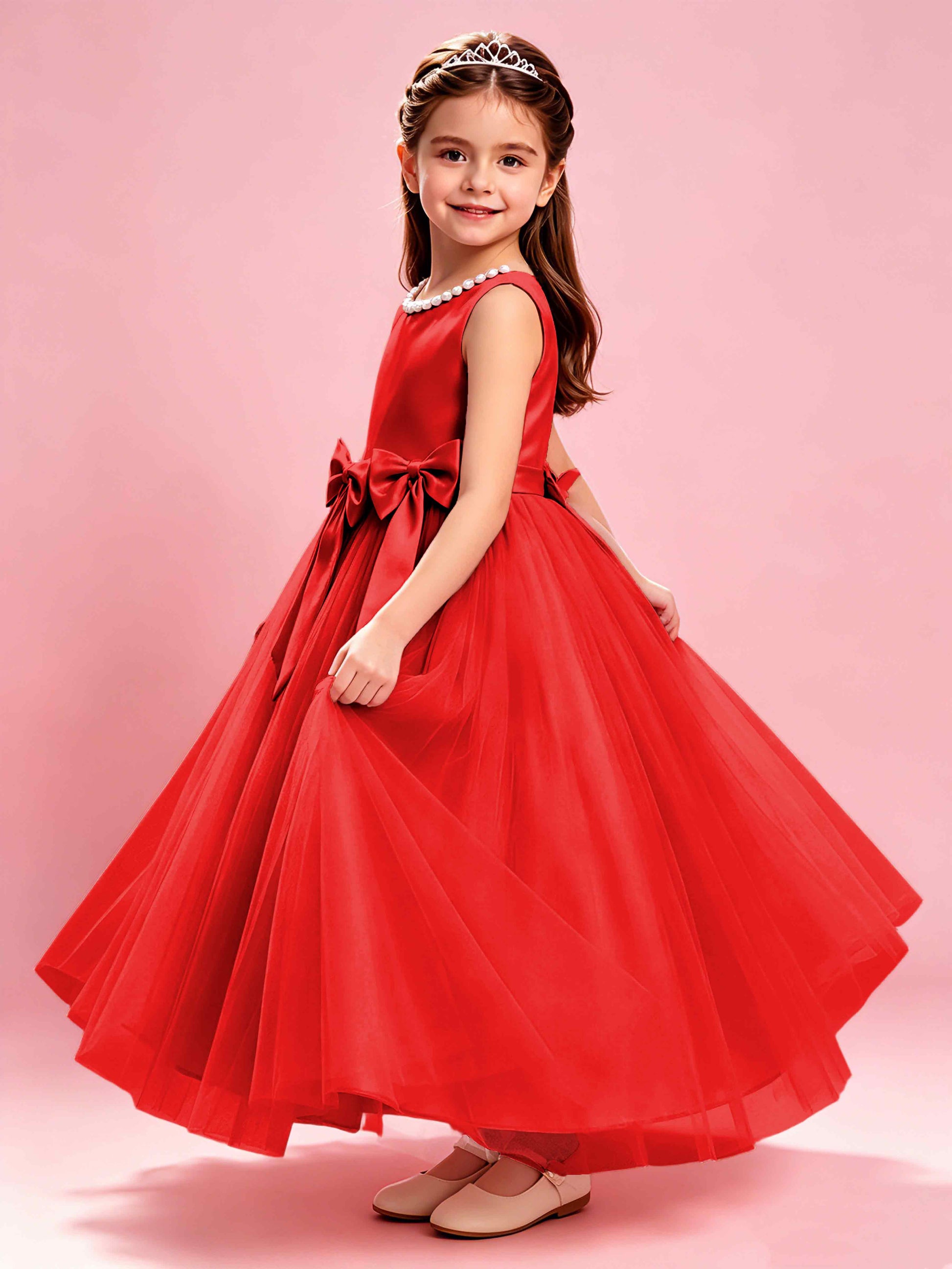 Satin Tulle Flower Girl Dress with Bow Princess Girls Pageant Gowns