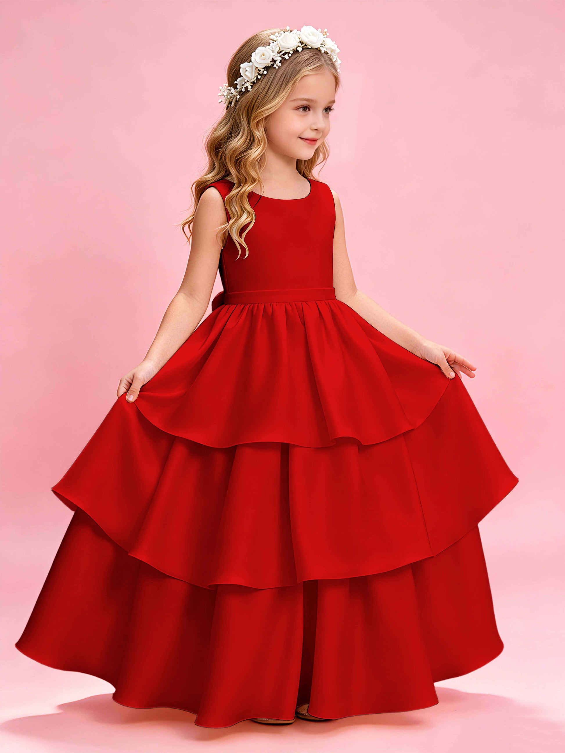 Tiered Flower Girl Dress with Bow Princess Girls Pageant Gowns