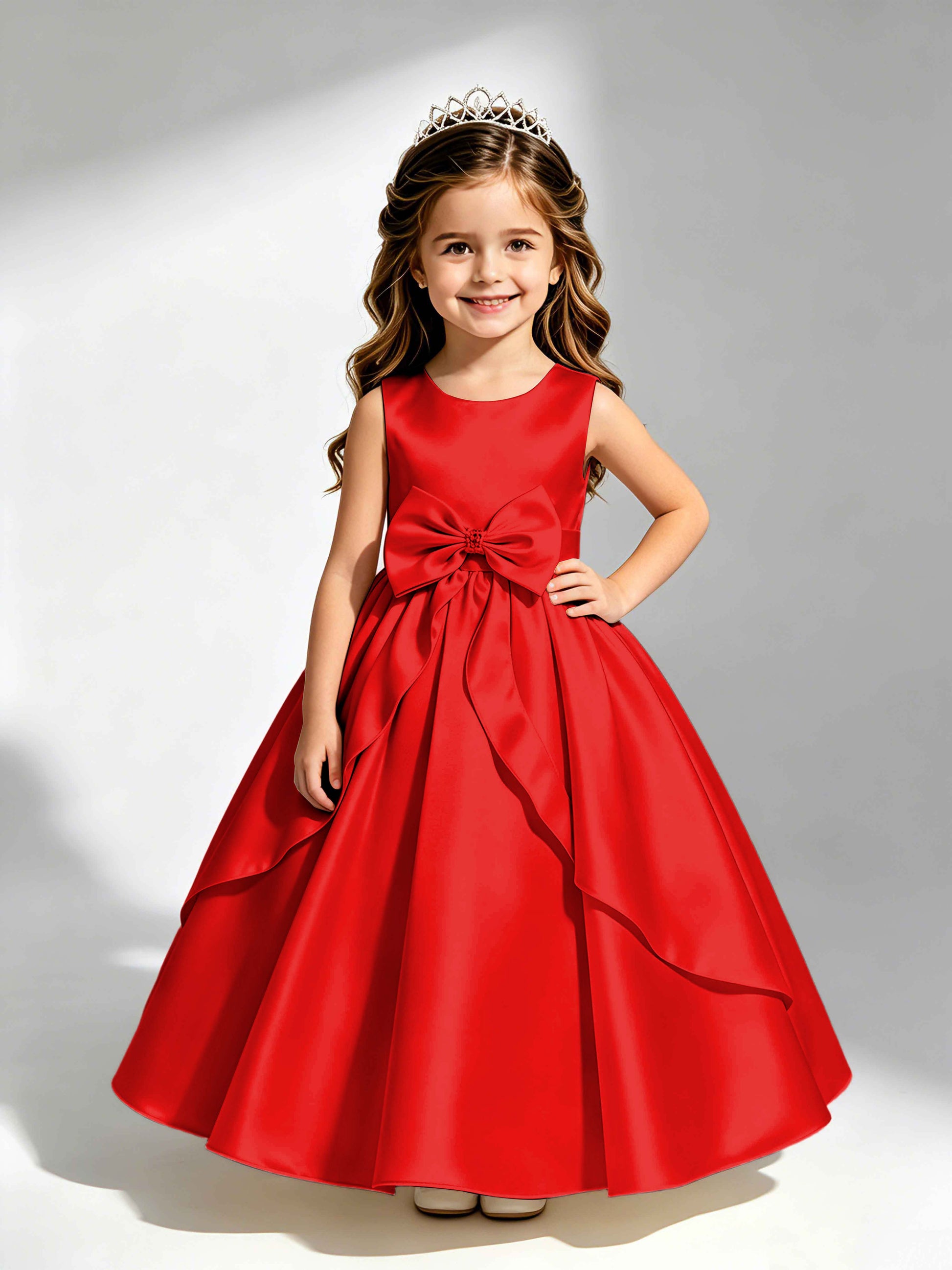 Satin Flower Girl Dress with Bow Princess Girls Pageant Gowns