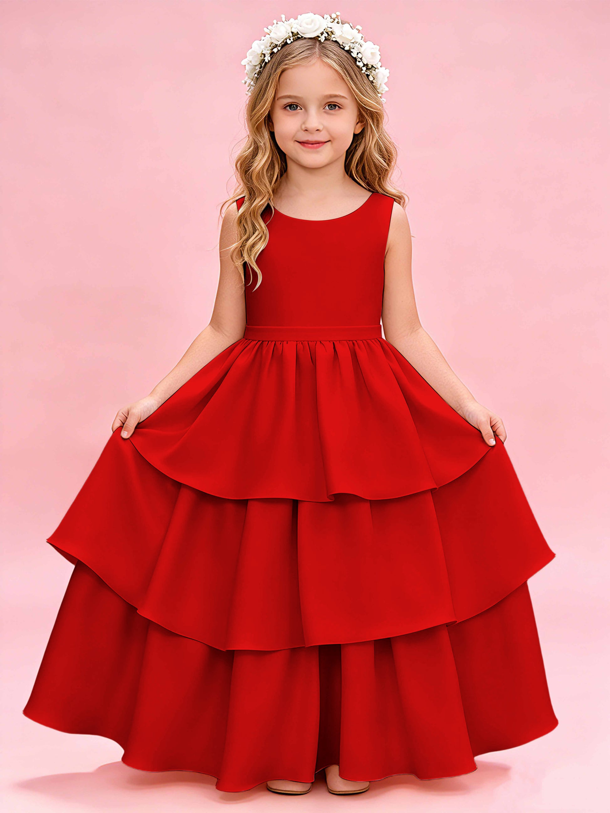 Tiered Flower Girl Dress with Bow Princess Girls Pageant Gowns