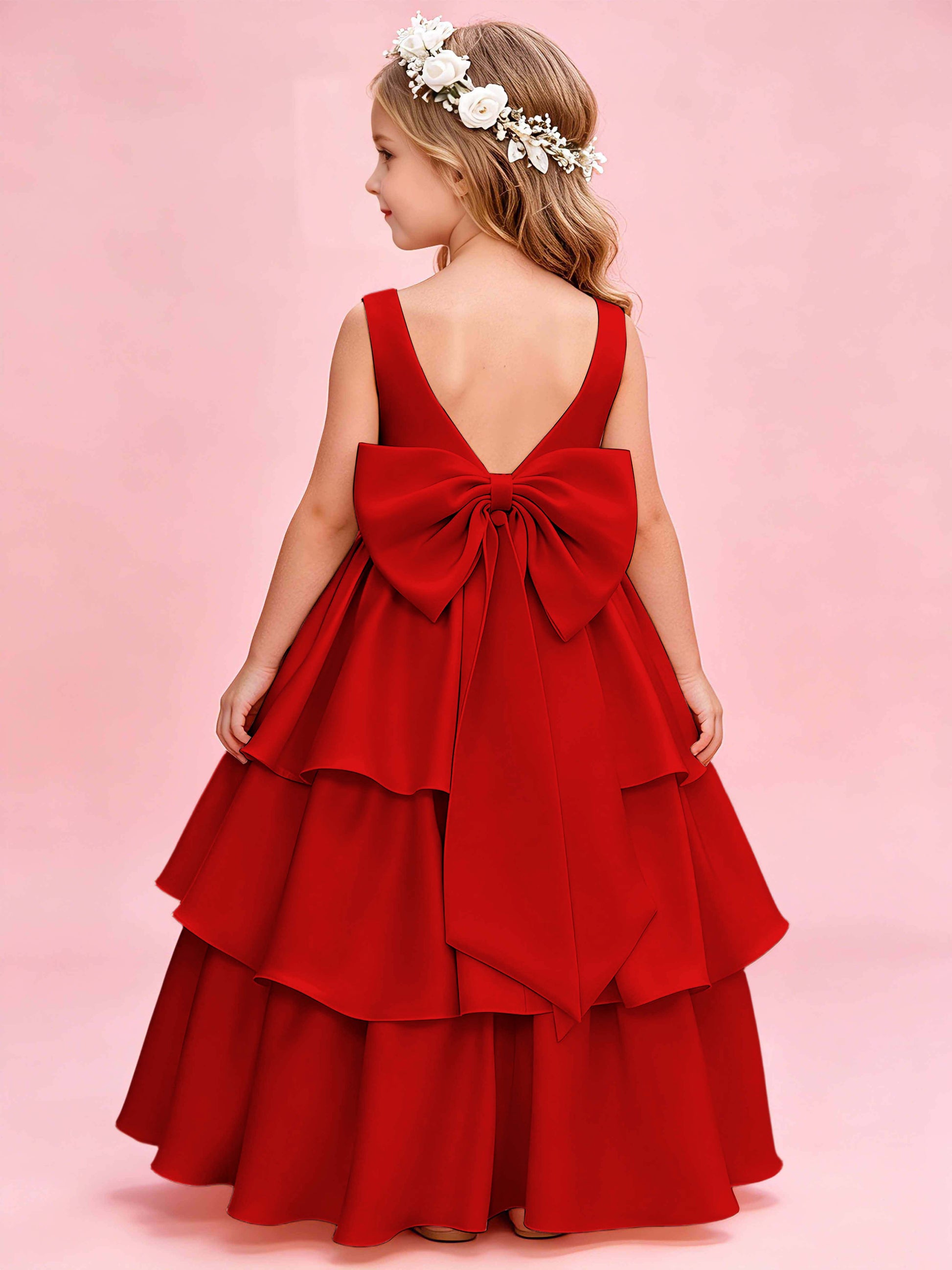 Tiered Flower Girl Dress with Bow Princess Girls Pageant Gowns