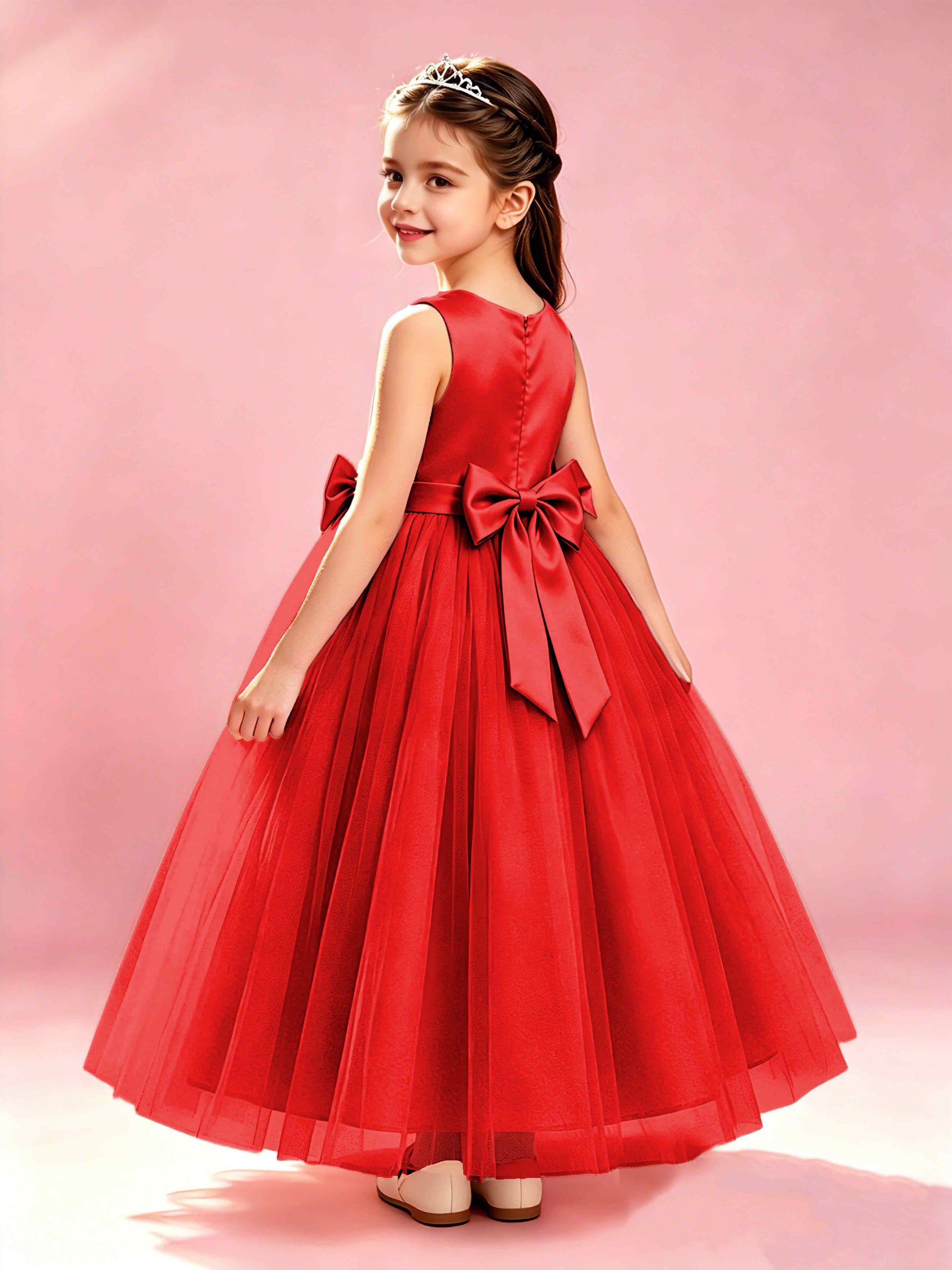 Satin Tulle Flower Girl Dress with Bow Princess Girls Pageant Gowns