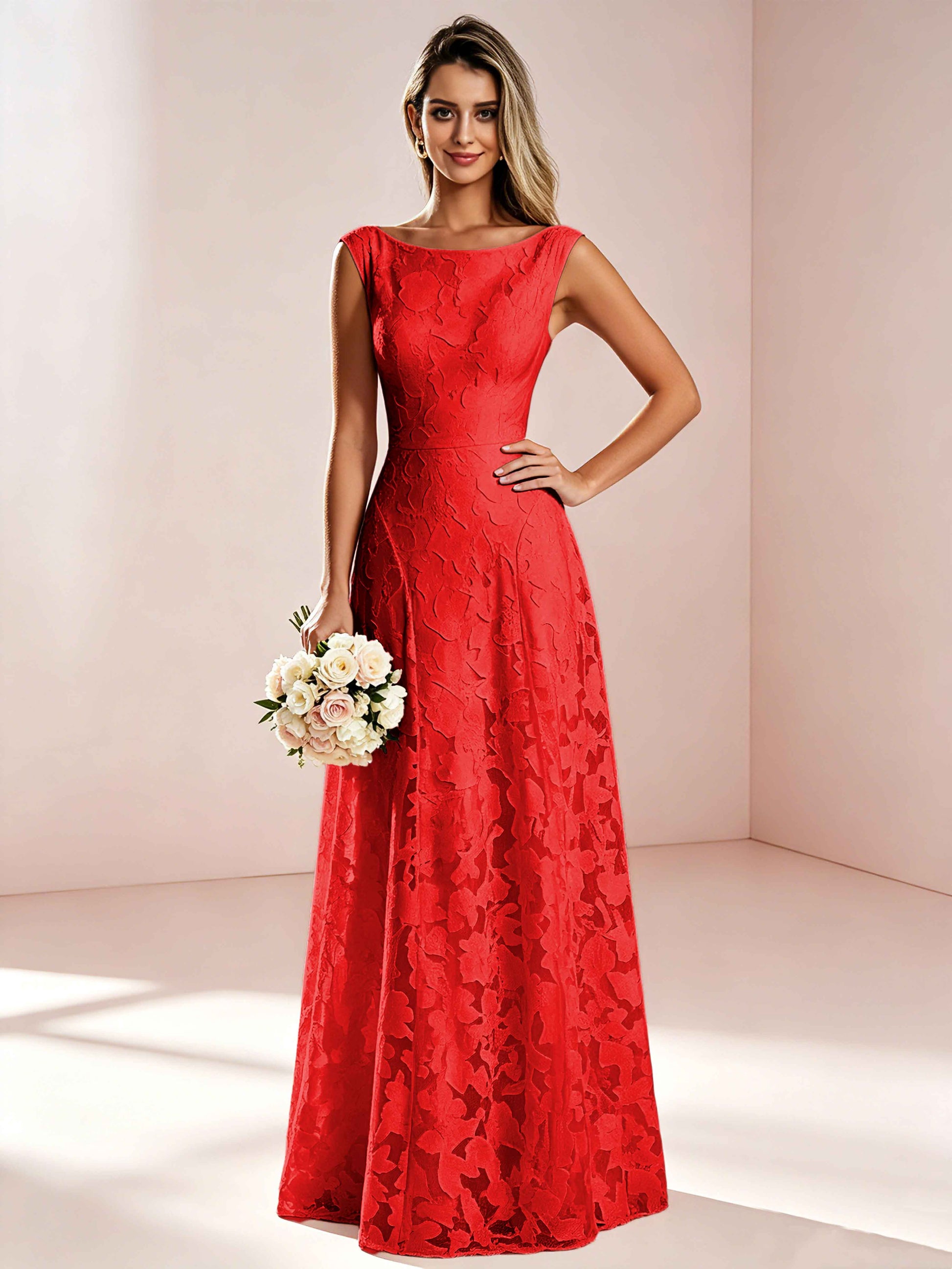 Boat Neck Jacquard Chiffon Floor Length Bridesmaid Dresses