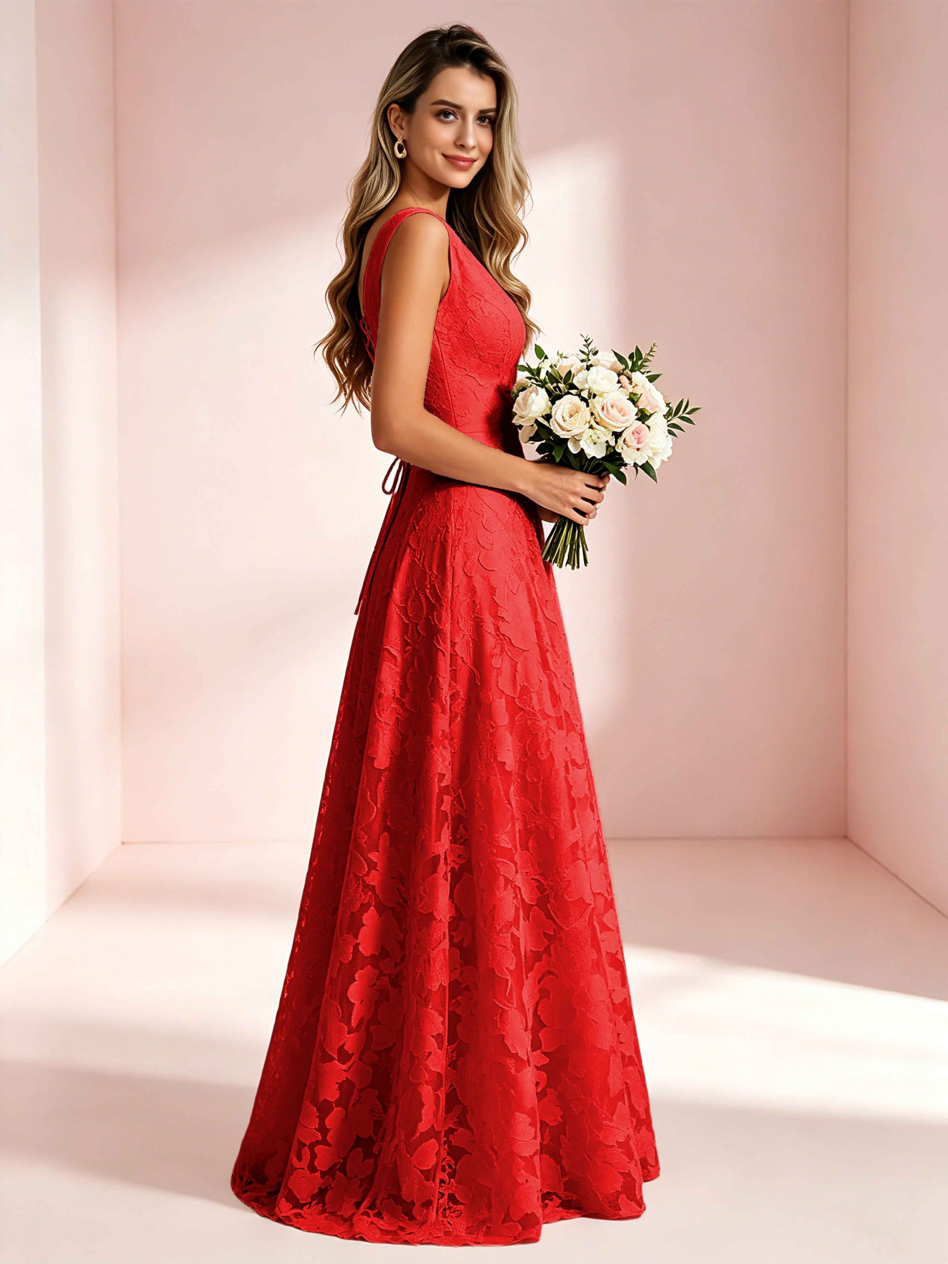 Boat Neck Jacquard Chiffon Floor Length Bridesmaid Dresses