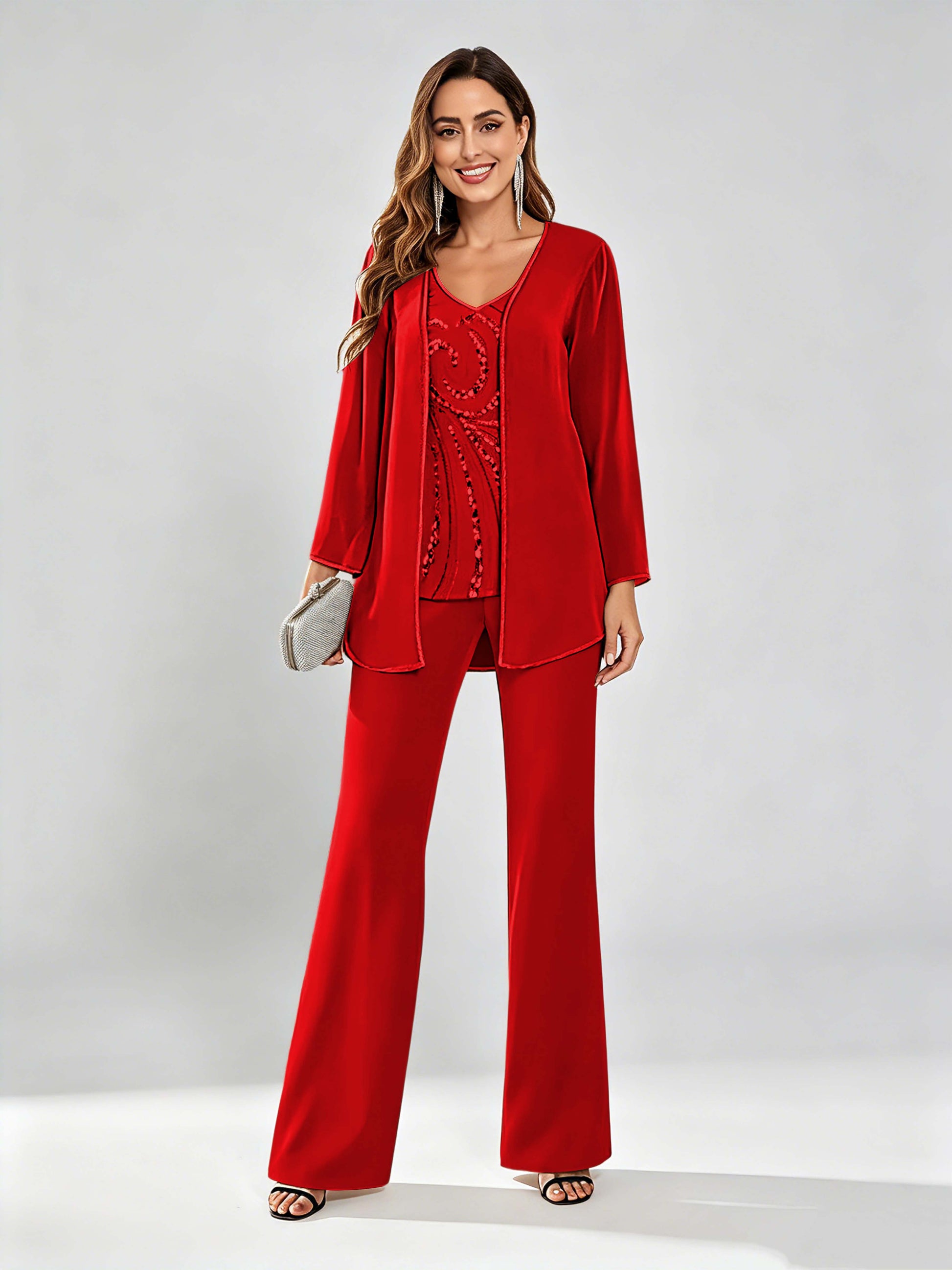 Chiffon Sequin 3 Pieces Mother of The Bride Pant Suits for Women