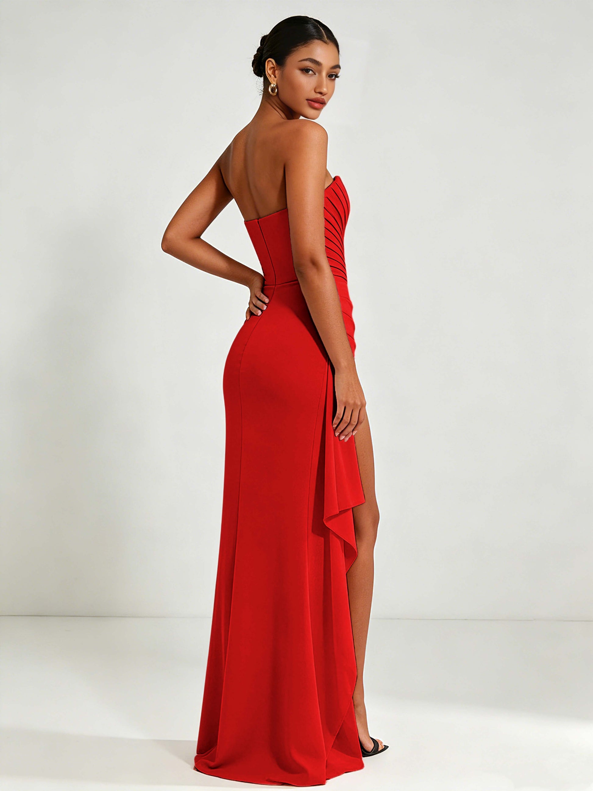 Strapless Ruched Bust Prom Dresses with Ruffle Slit