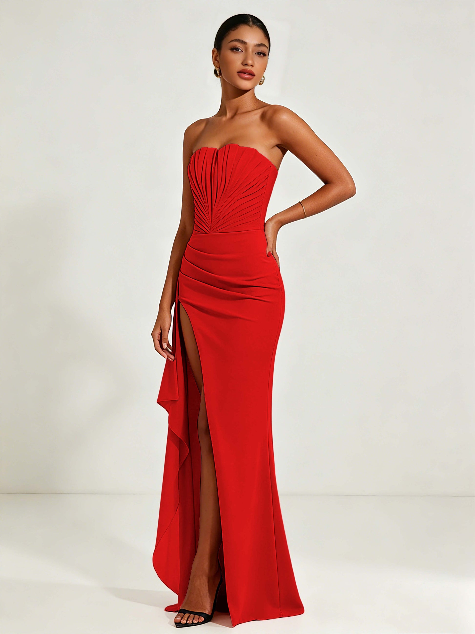 Strapless Ruched Bust Prom Dresses with Ruffle Slit
