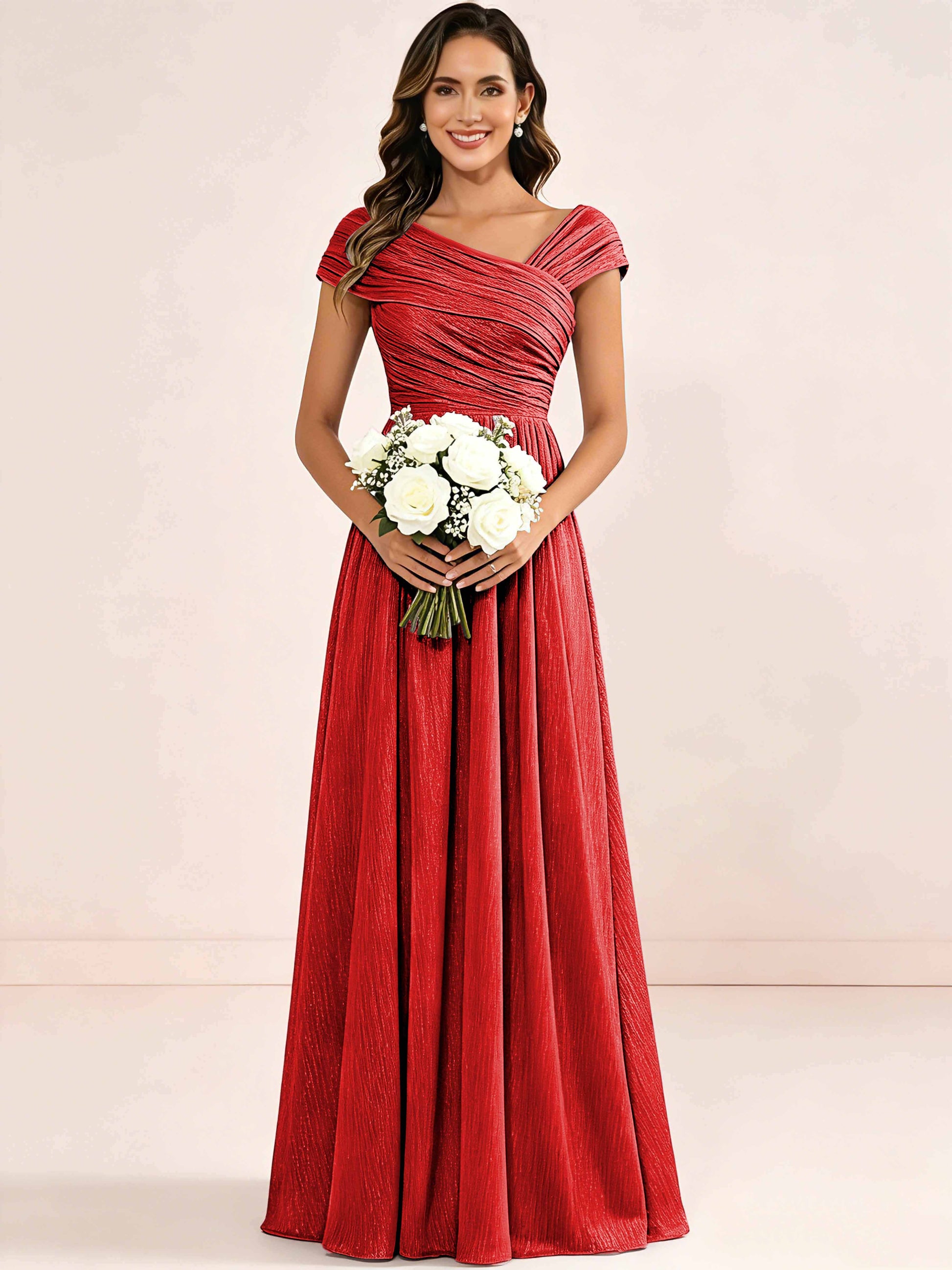 Shiny Striped Chiffon Ruched Cap Sleeve Mother of The Bride Dress