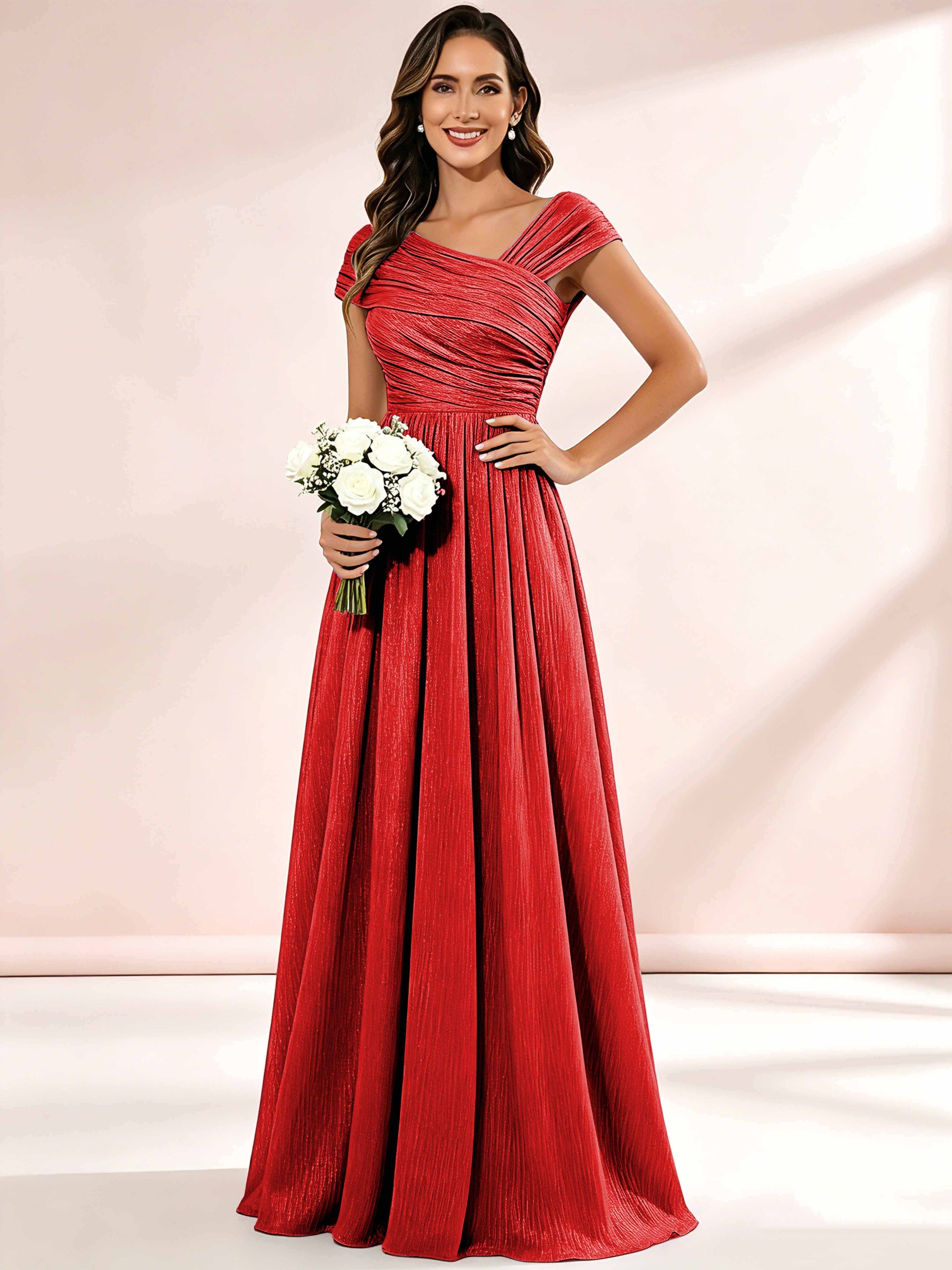 Shiny Striped Chiffon Ruched Cap Sleeve Mother of The Bride Dress