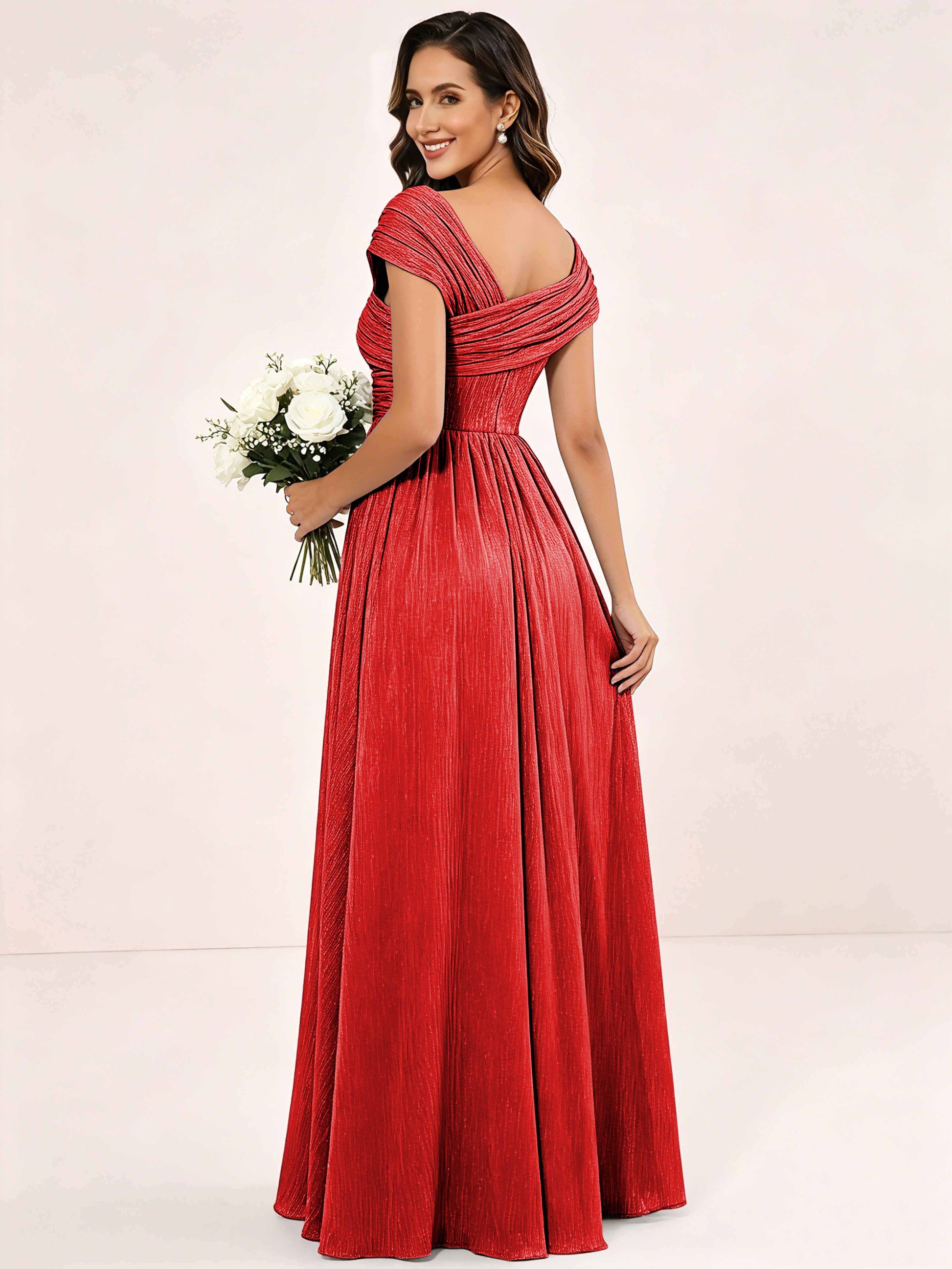 Shiny Striped Chiffon Ruched Cap Sleeve Mother of The Bride Dress
