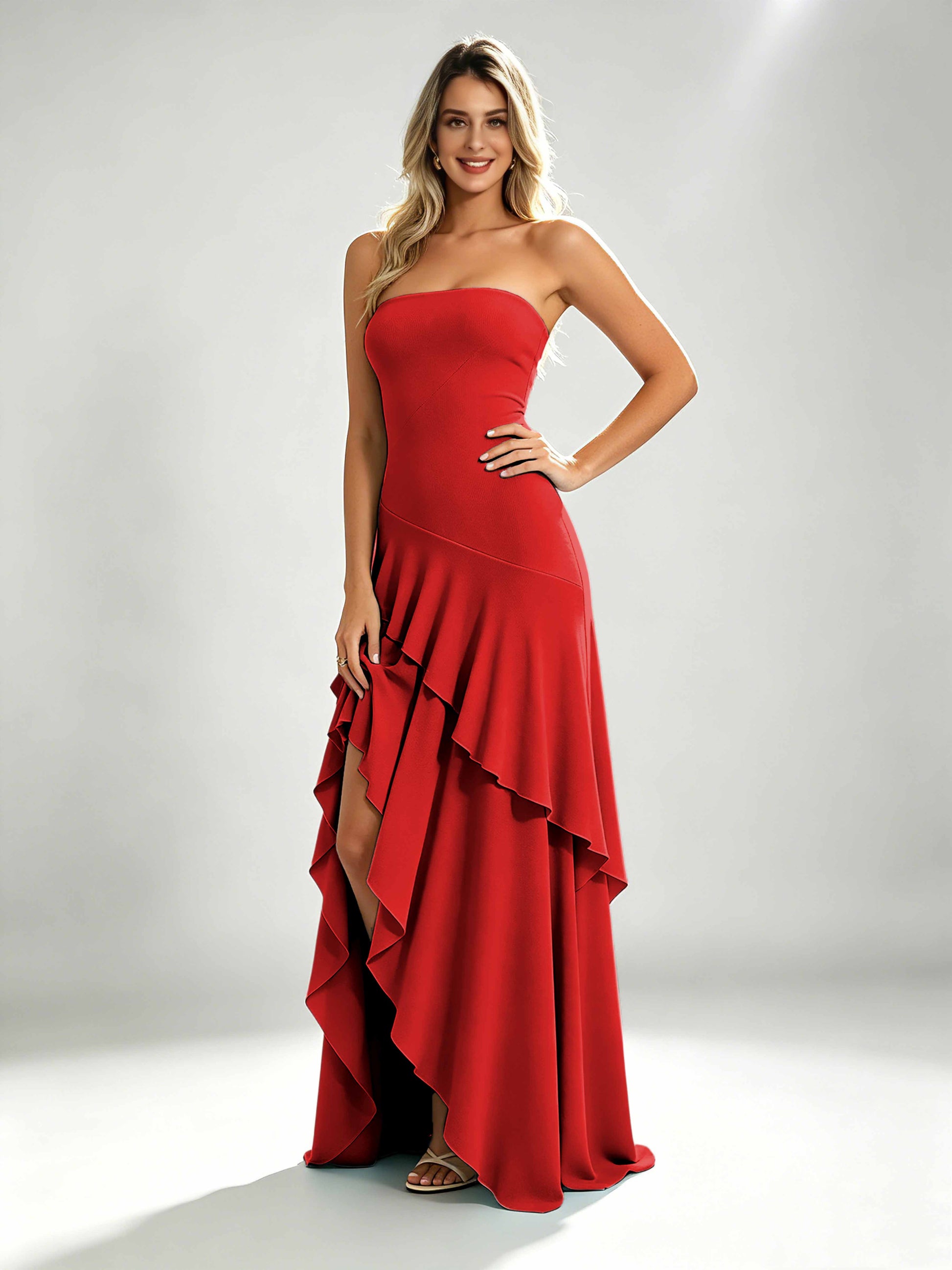 Spandex Tiered Ruffle Prom Dress High Low Homecoming Dresses