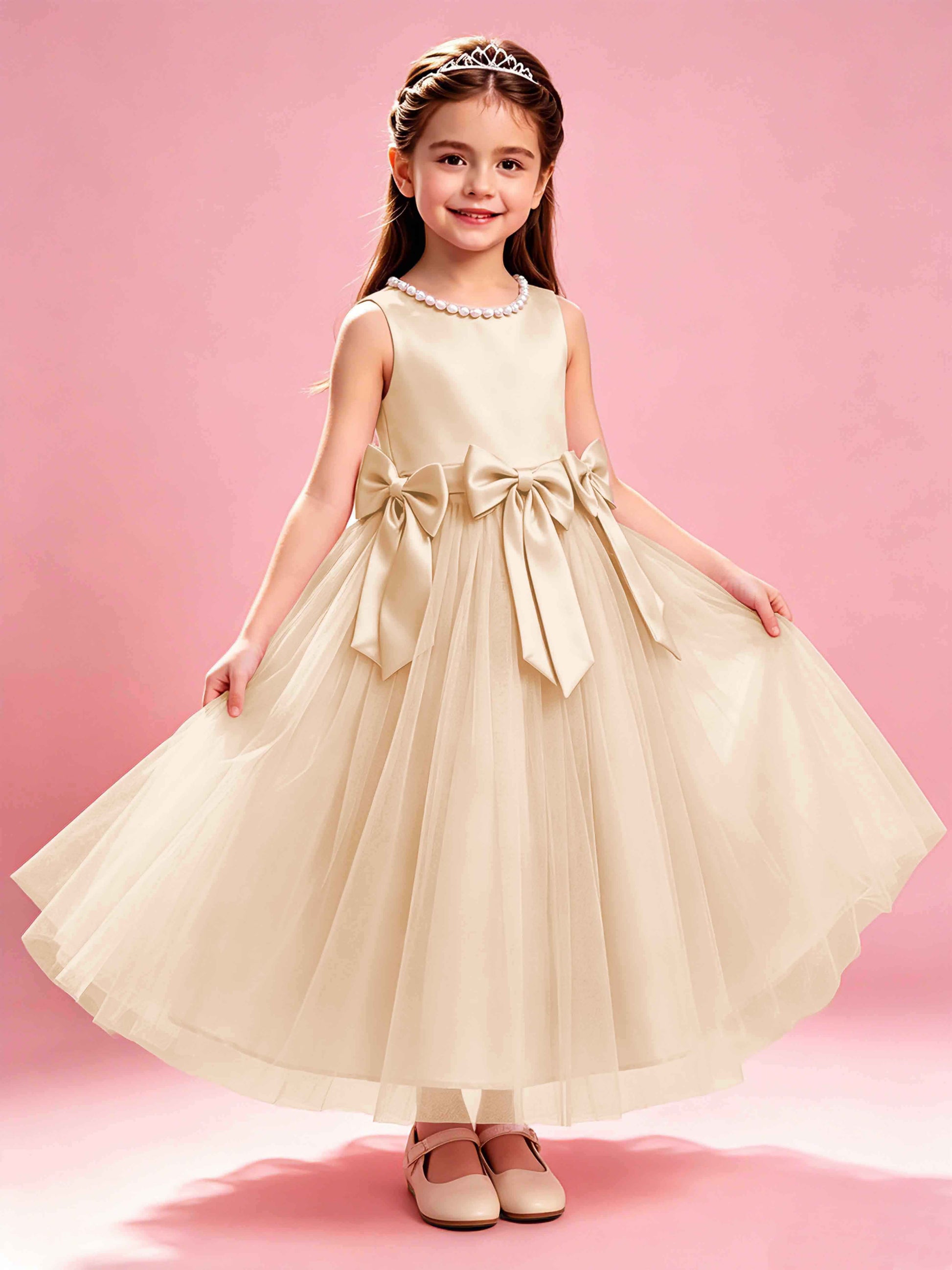 Satin Tulle Flower Girl Dress with Bow Princess Girls Pageant Gowns