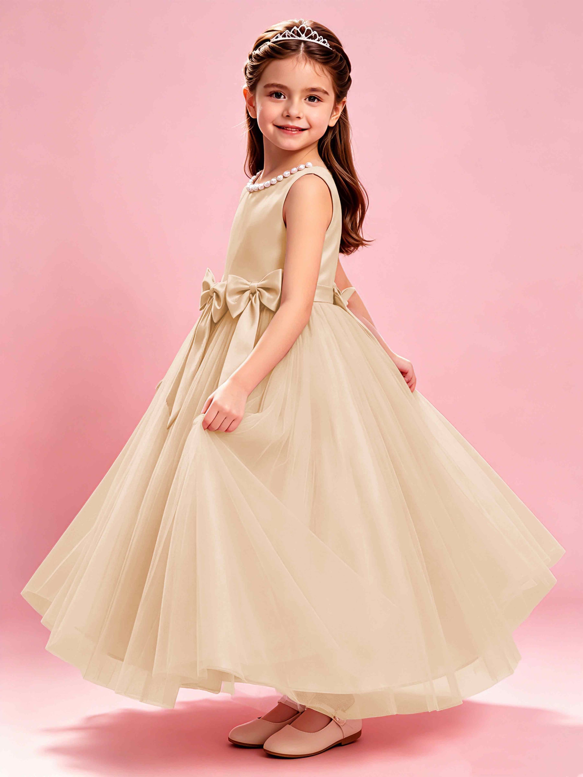 Satin Tulle Flower Girl Dress with Bow Princess Girls Pageant Gowns