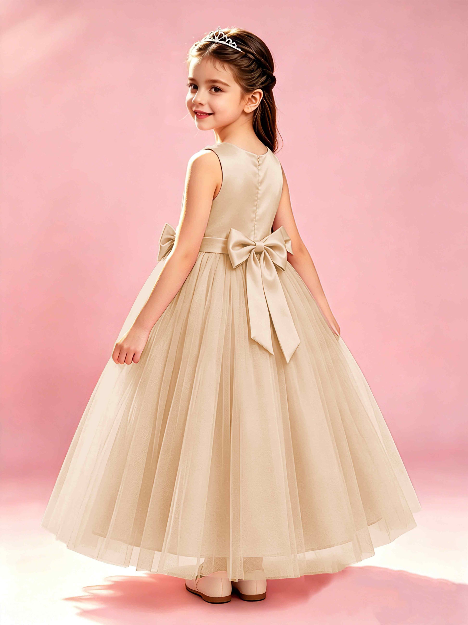 Satin Tulle Flower Girl Dress with Bow Princess Girls Pageant Gowns