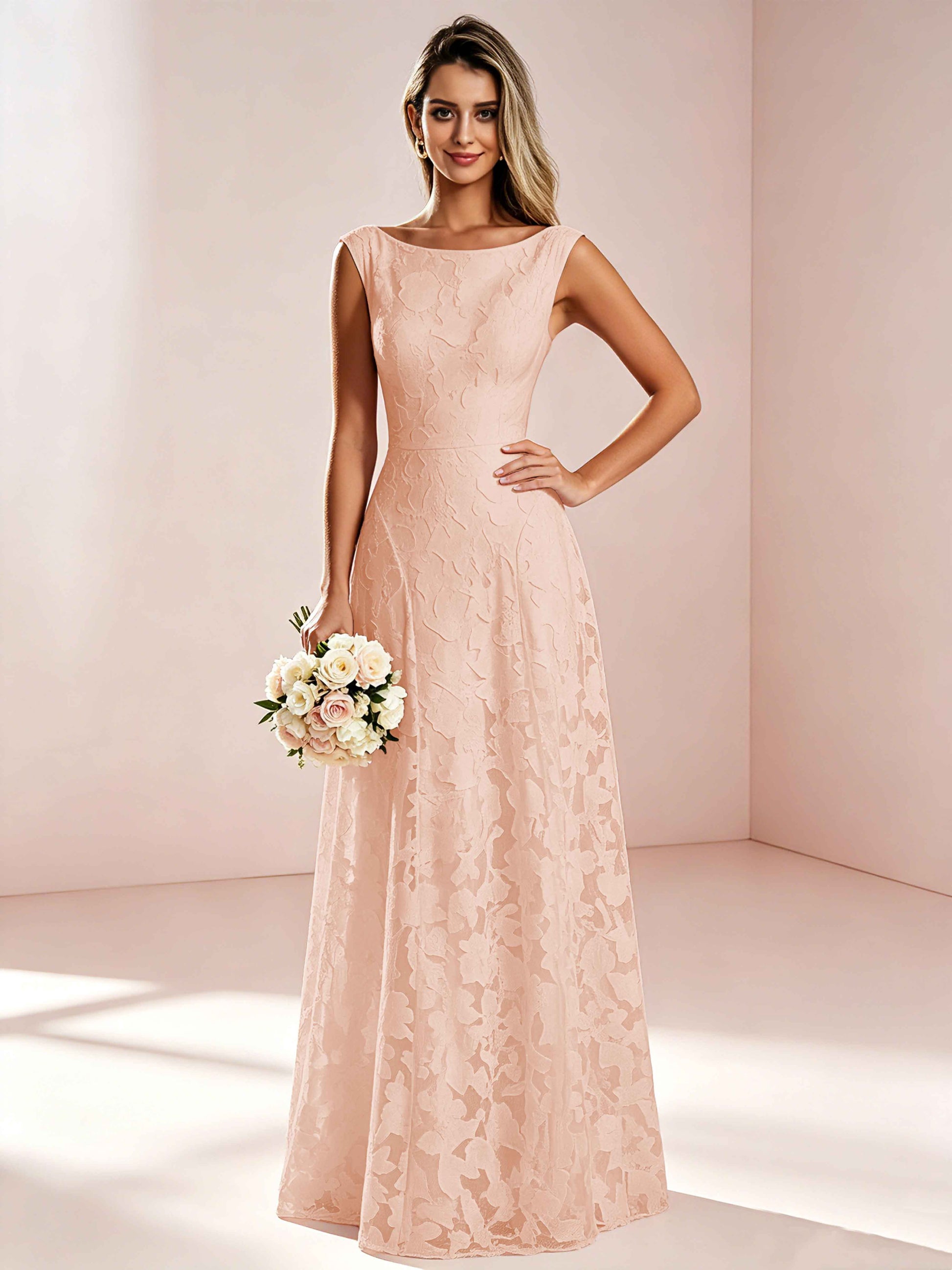 Boat Neck Jacquard Chiffon Floor Length Bridesmaid Dresses