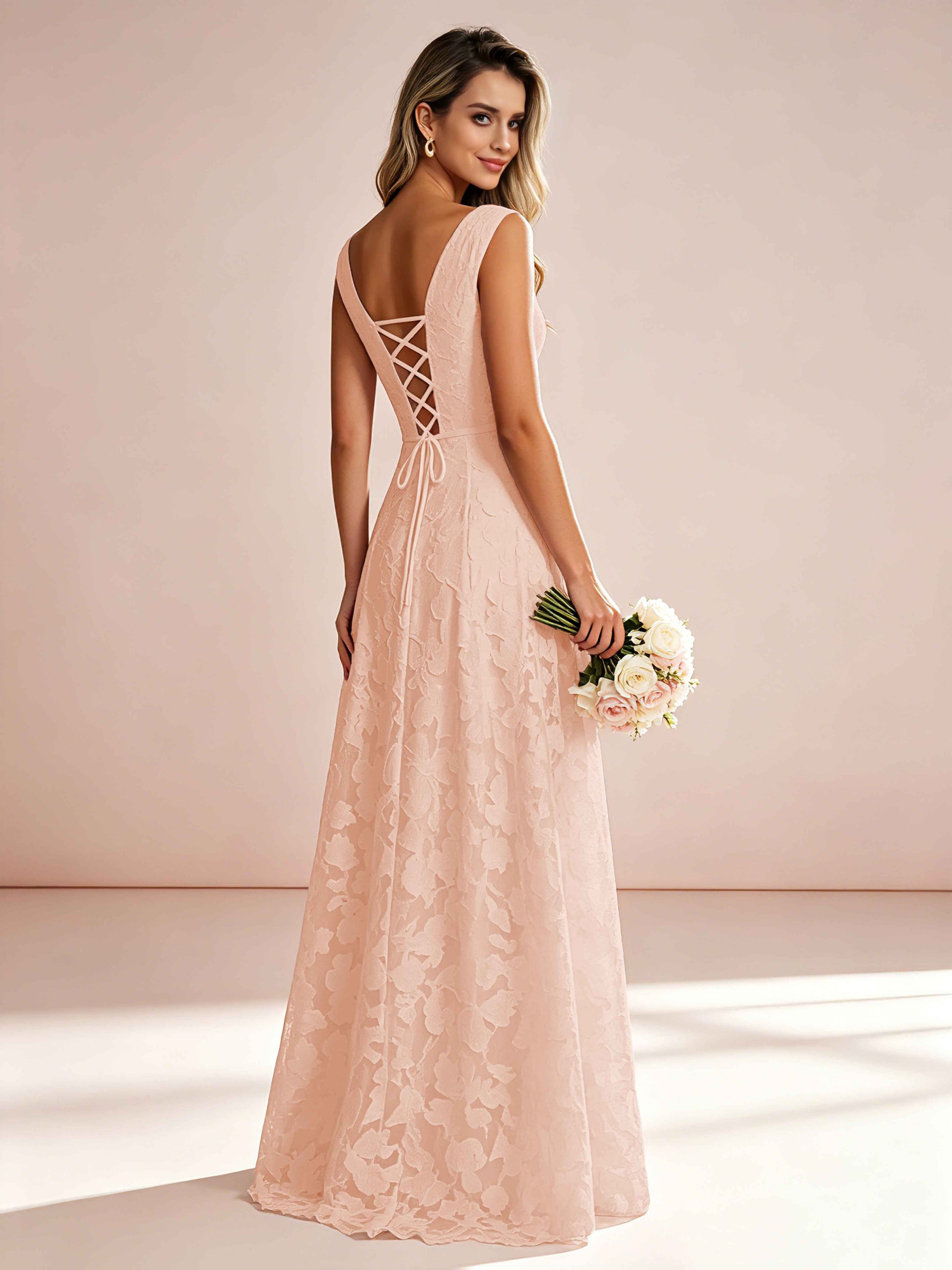 Boat Neck Jacquard Chiffon Floor Length Bridesmaid Dresses
