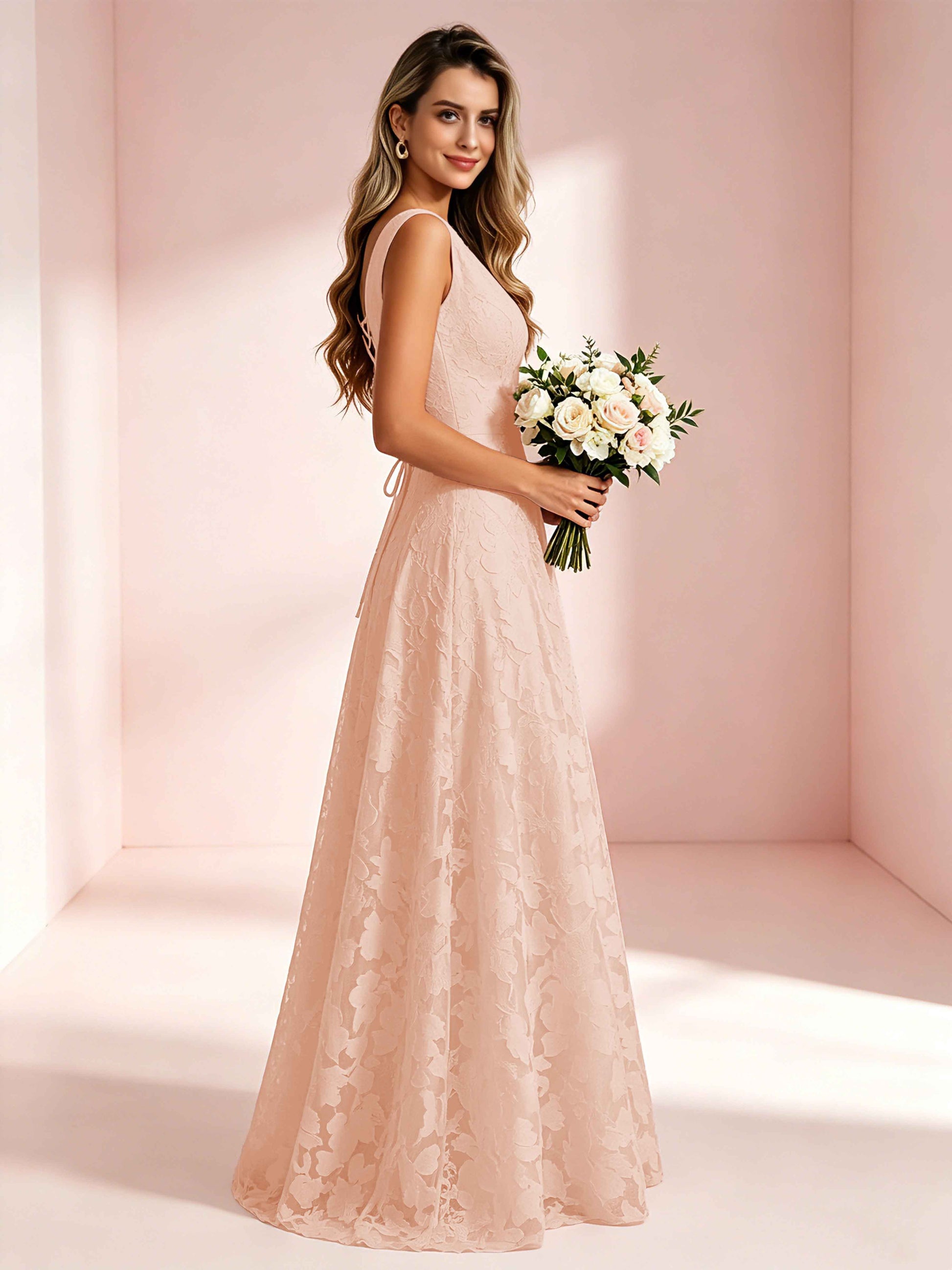 Boat Neck Jacquard Chiffon Floor Length Bridesmaid Dresses