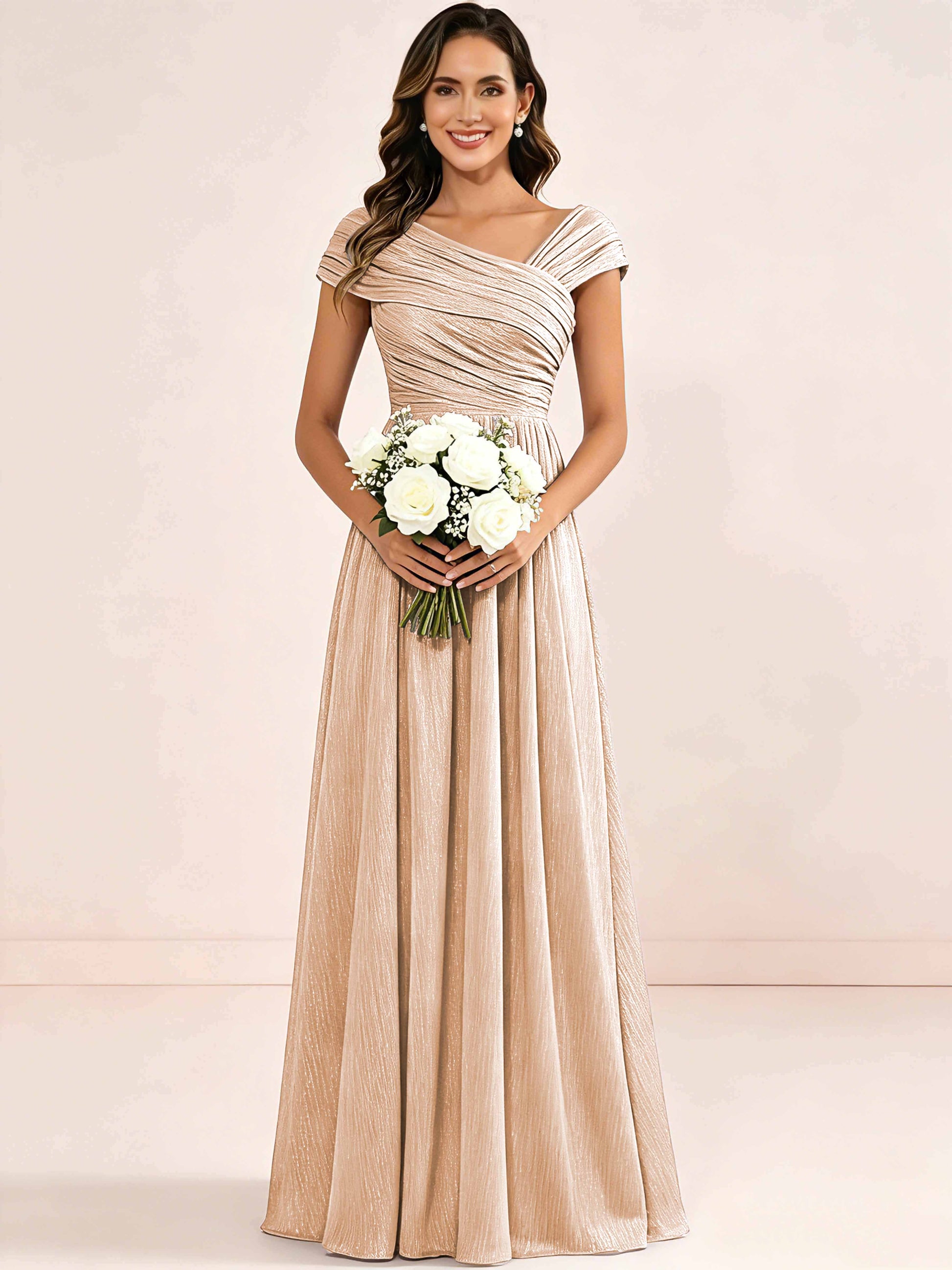 Shiny Striped Chiffon Ruched Cap Sleeve Mother of The Bride Dress