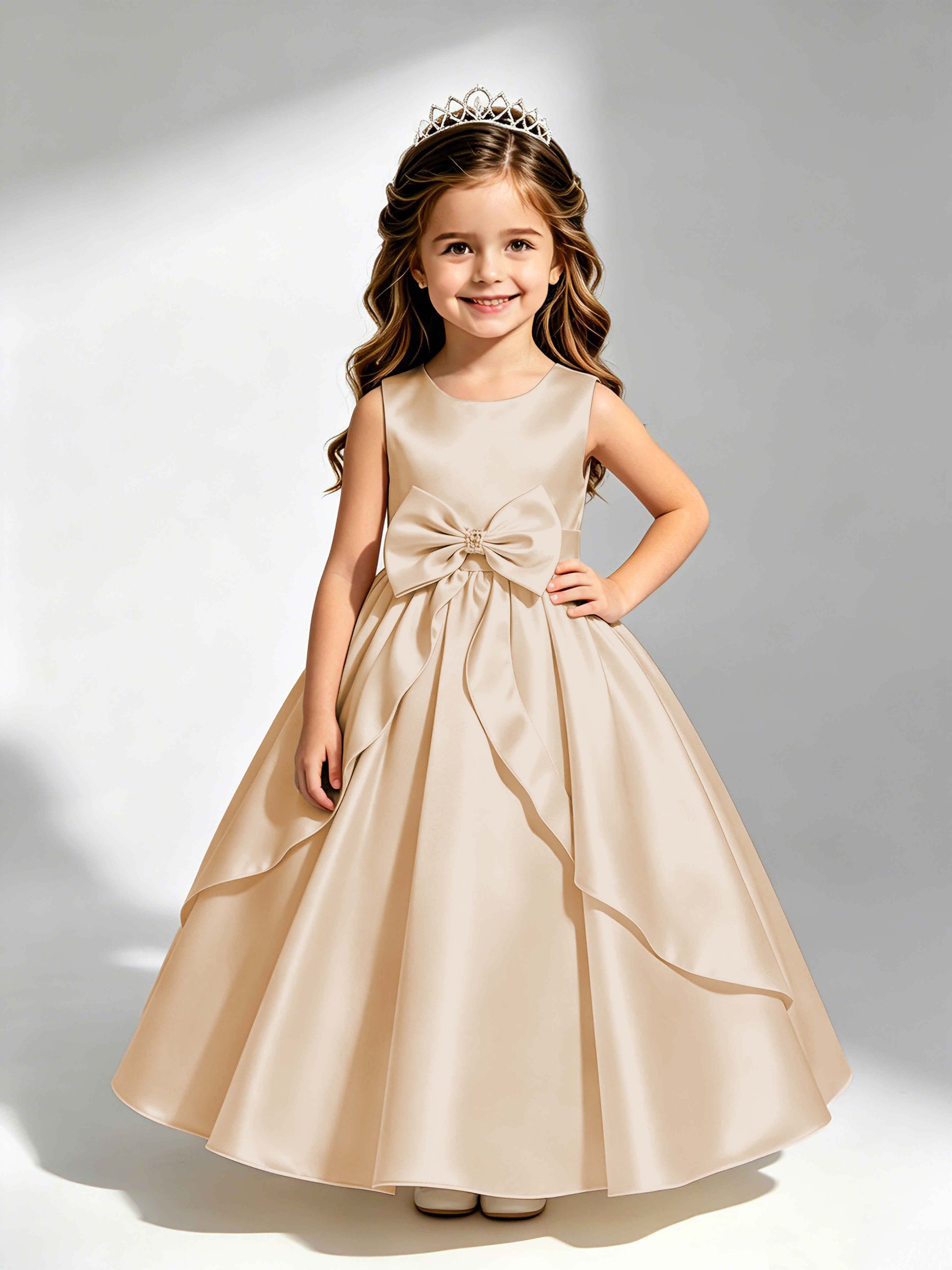 Satin Flower Girl Dress with Bow Princess Girls Pageant Gowns