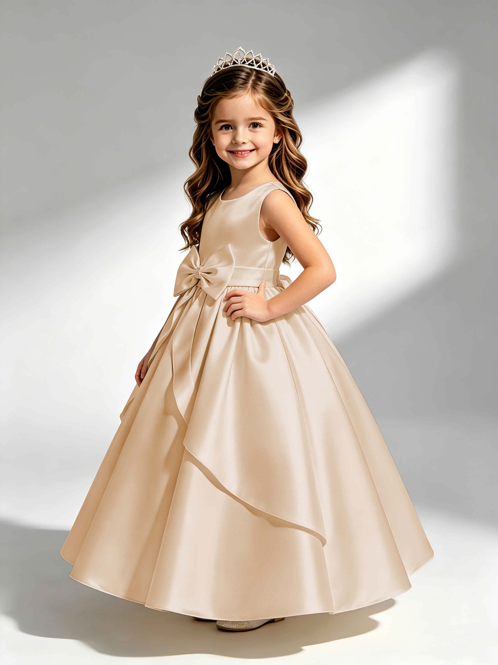 Satin Flower Girl Dress with Bow Princess Girls Pageant Gowns