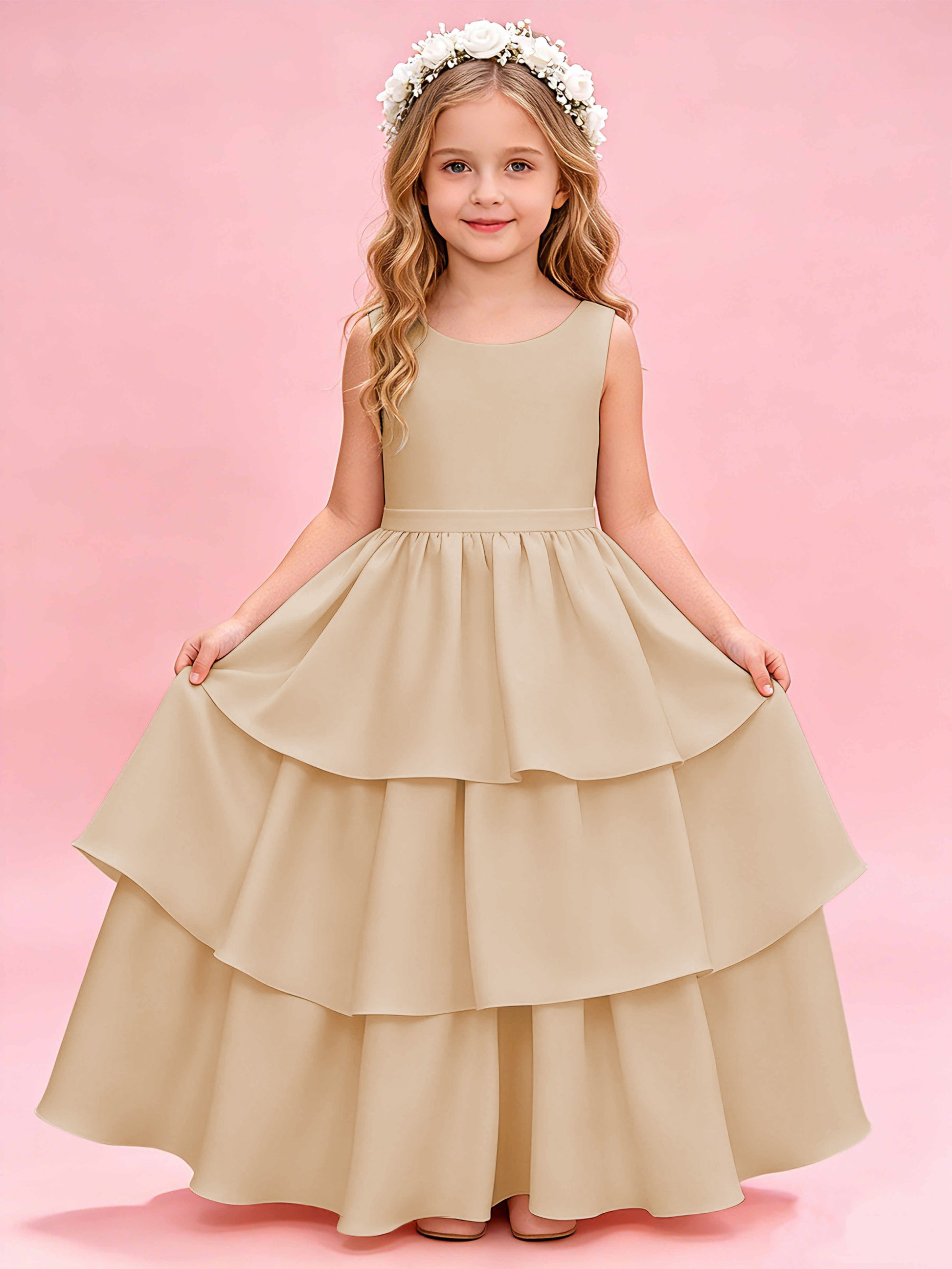 Tiered Flower Girl Dress with Bow Princess Girls Pageant Gowns