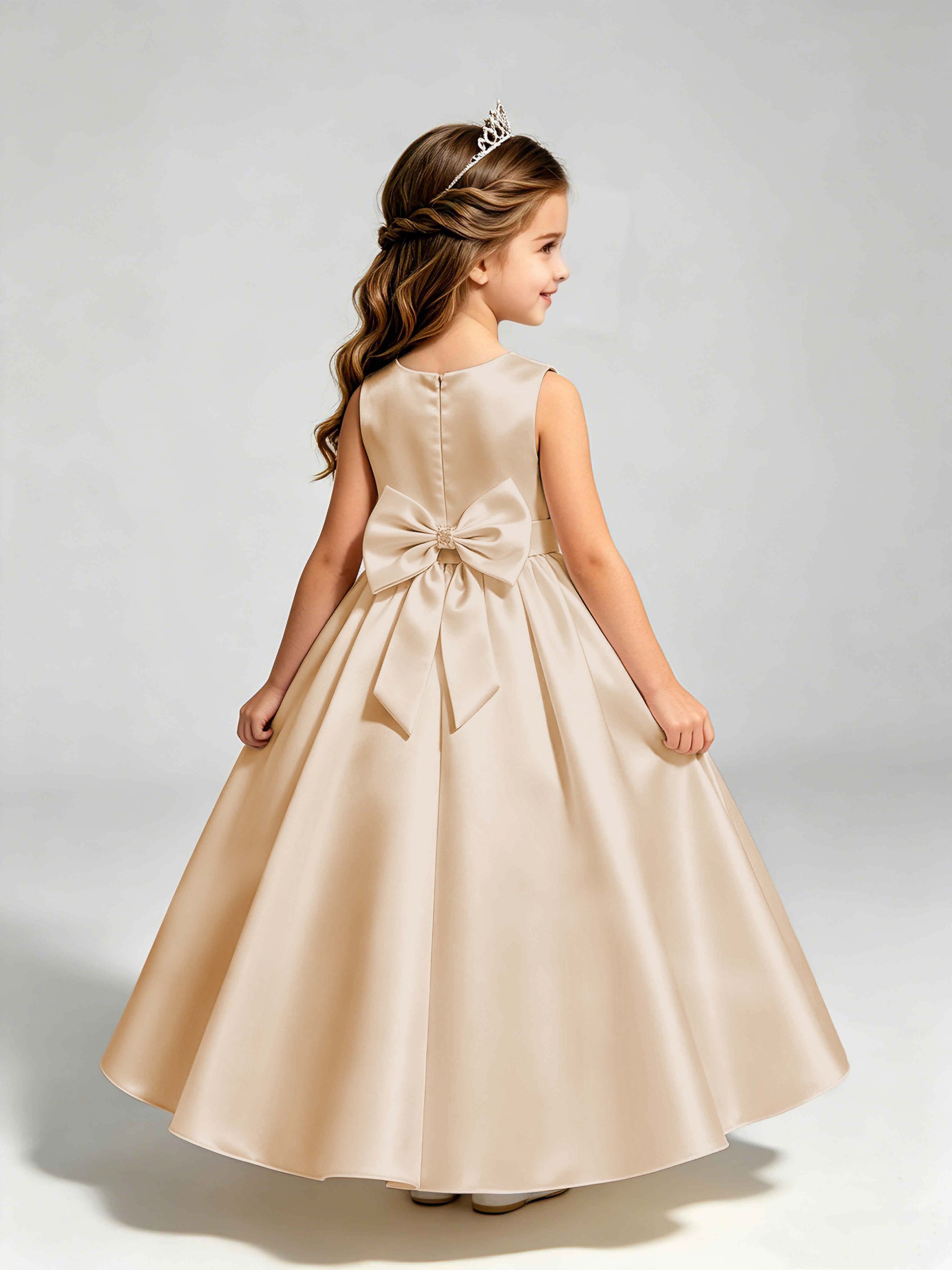 Satin Flower Girl Dress with Bow Princess Girls Pageant Gowns