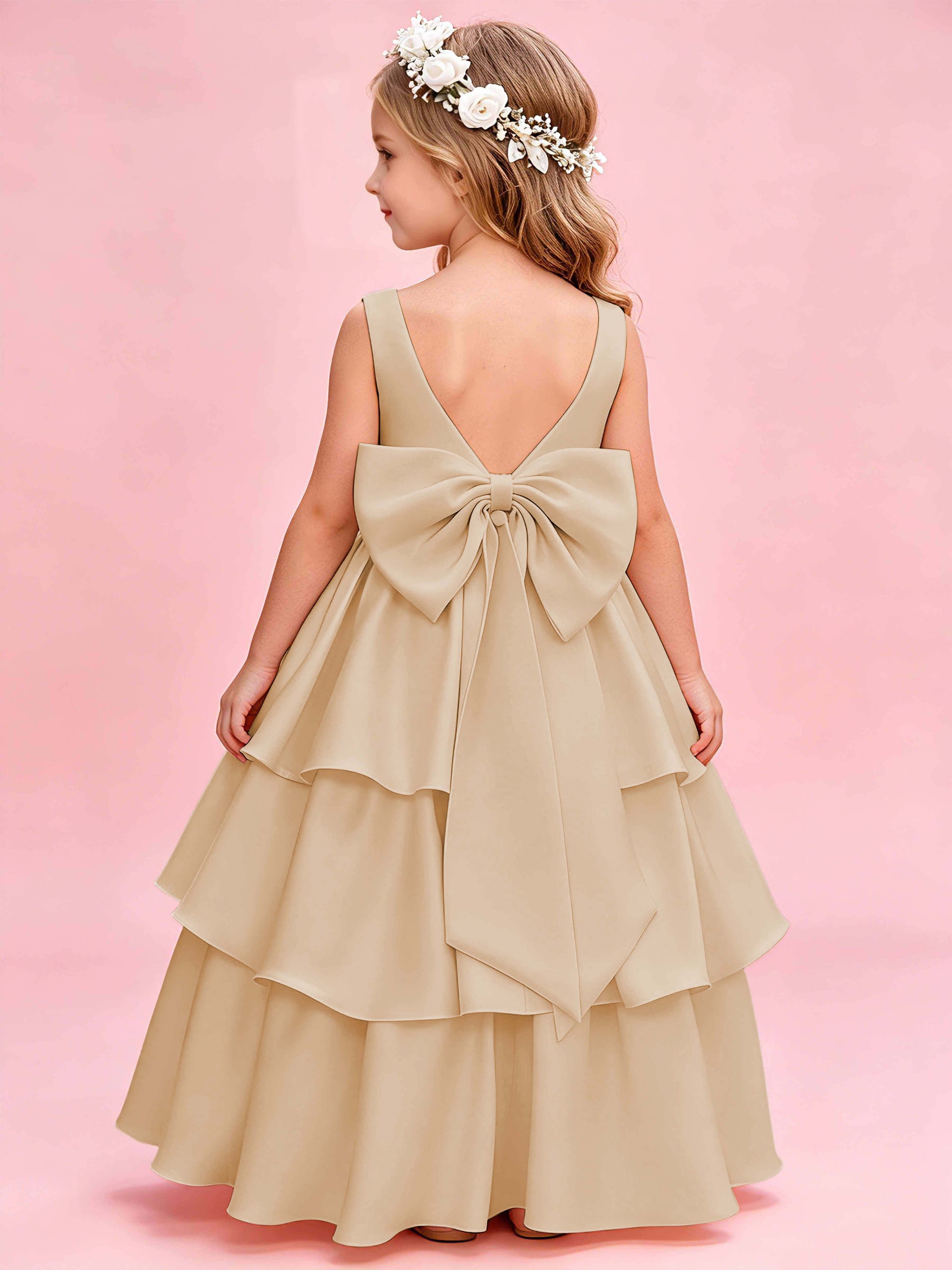 Tiered Flower Girl Dress with Bow Princess Girls Pageant Gowns