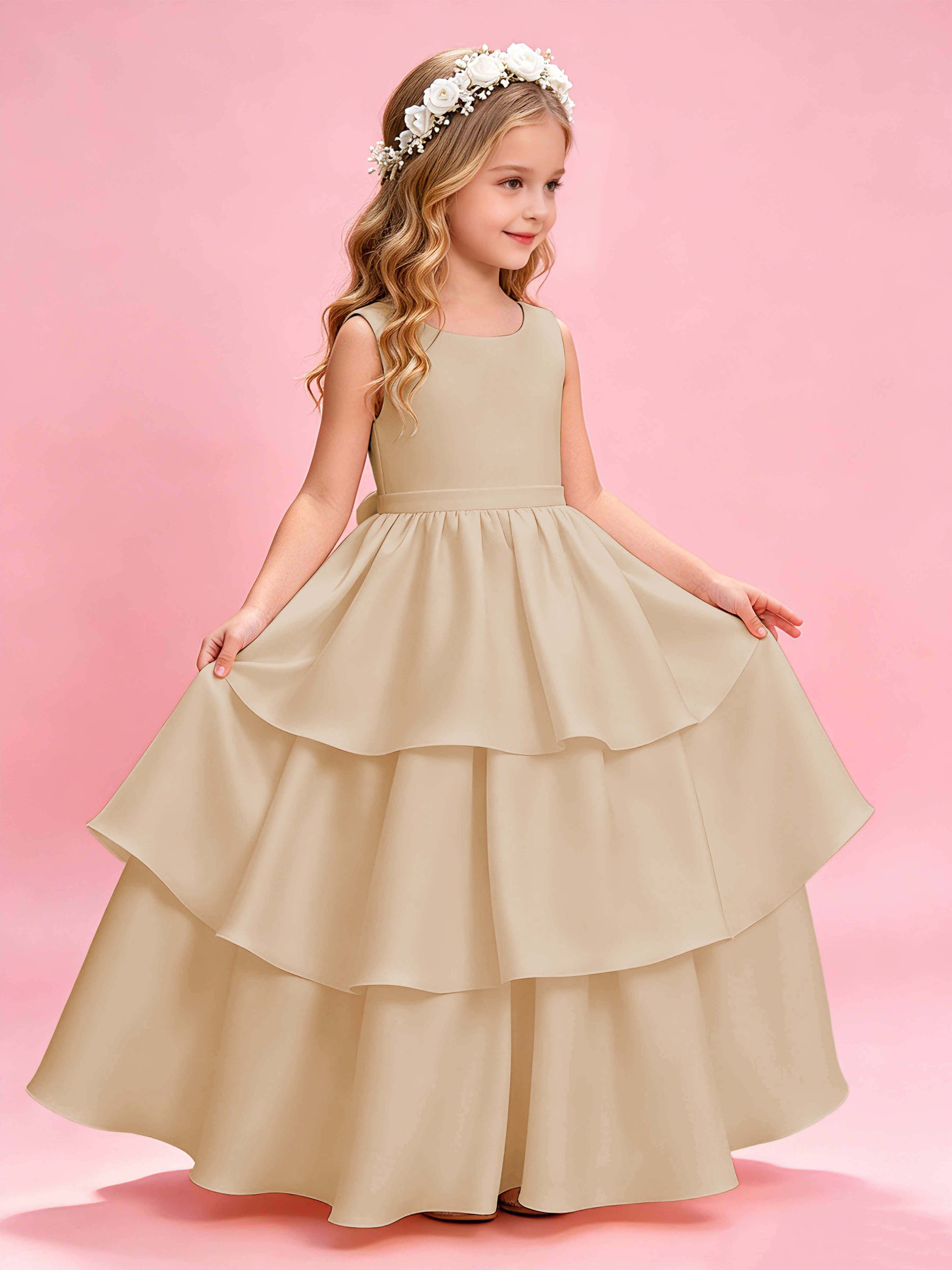 Tiered Flower Girl Dress with Bow Princess Girls Pageant Gowns