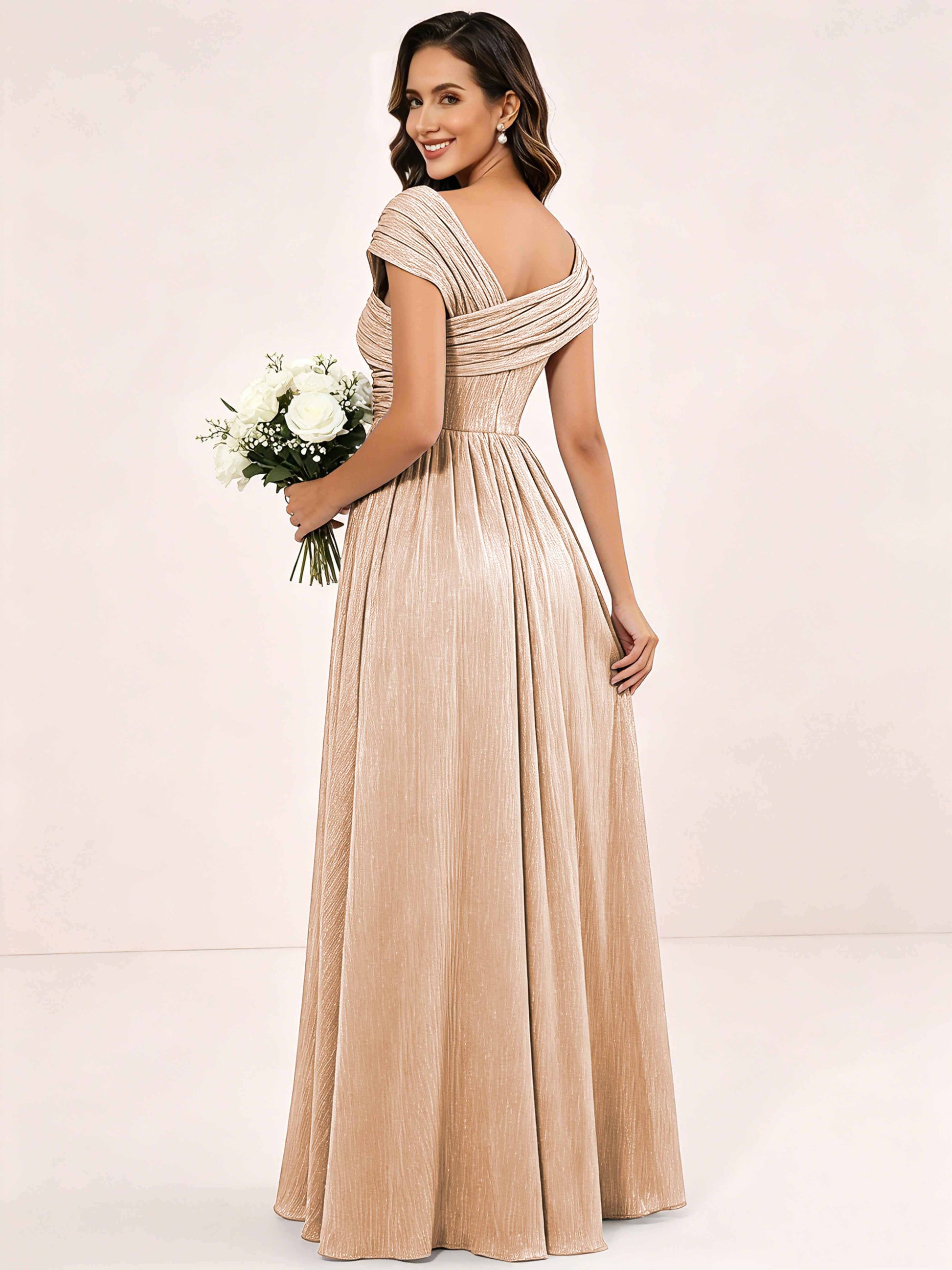 Shiny Striped Chiffon Ruched Cap Sleeve Mother of The Bride Dress