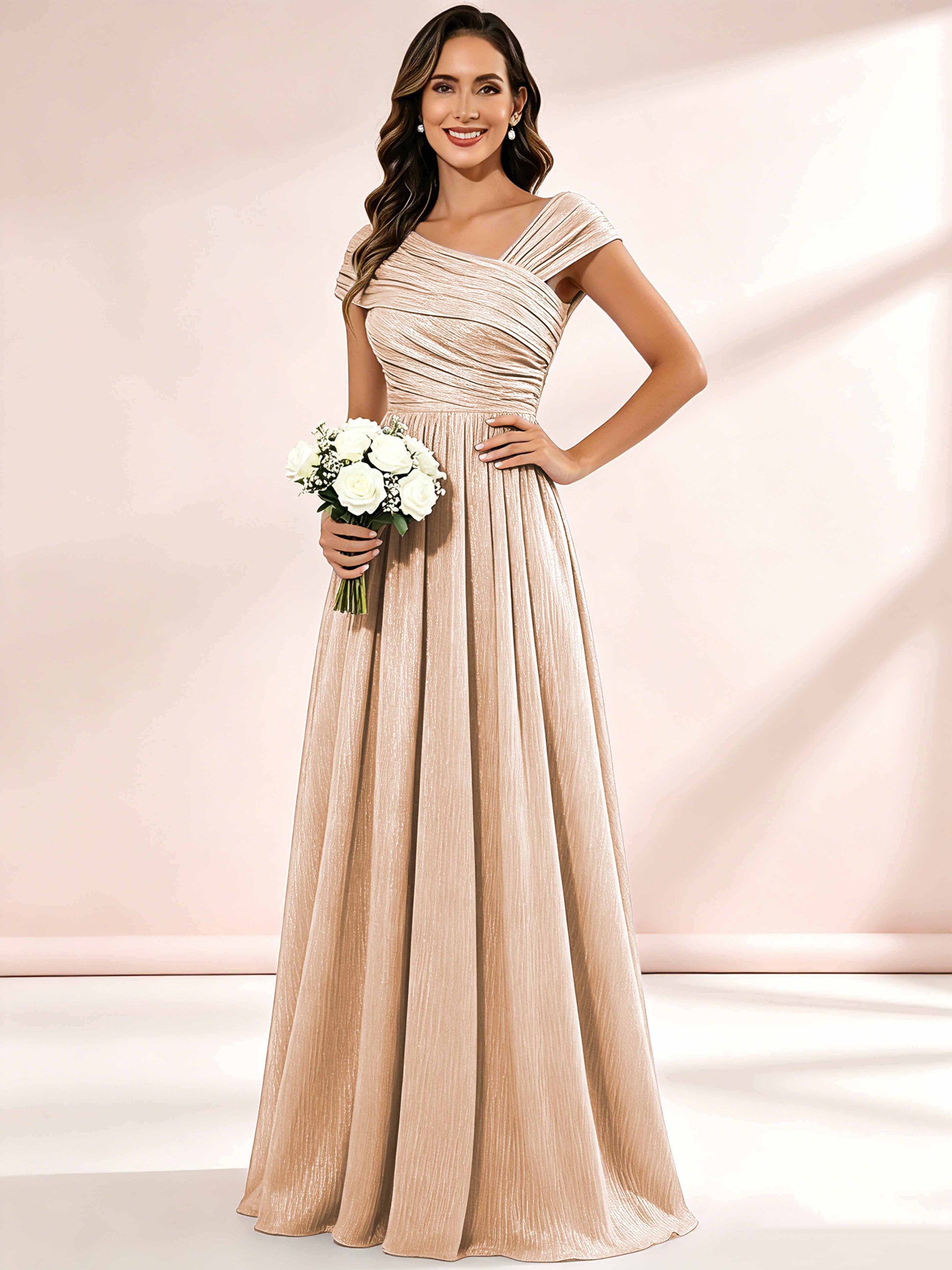 Shiny Striped Chiffon Ruched Cap Sleeve Mother of The Bride Dress