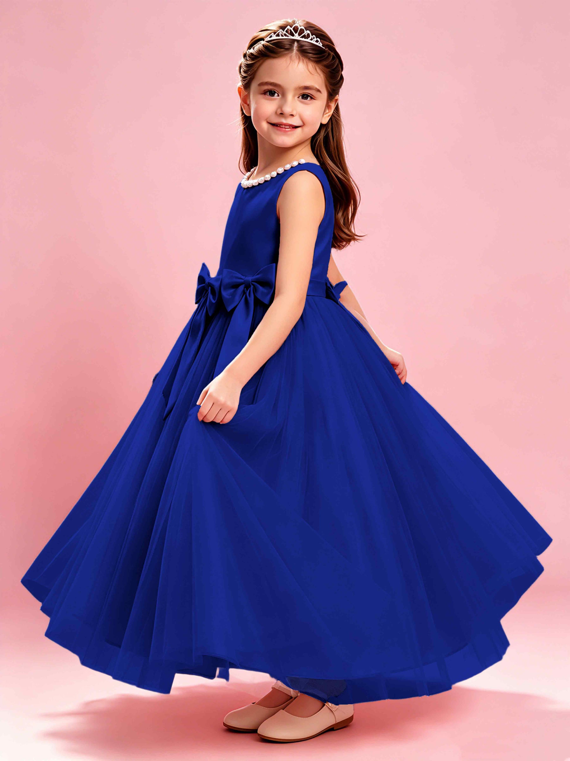 Satin Tulle Flower Girl Dress with Bow Princess Girls Pageant Gowns