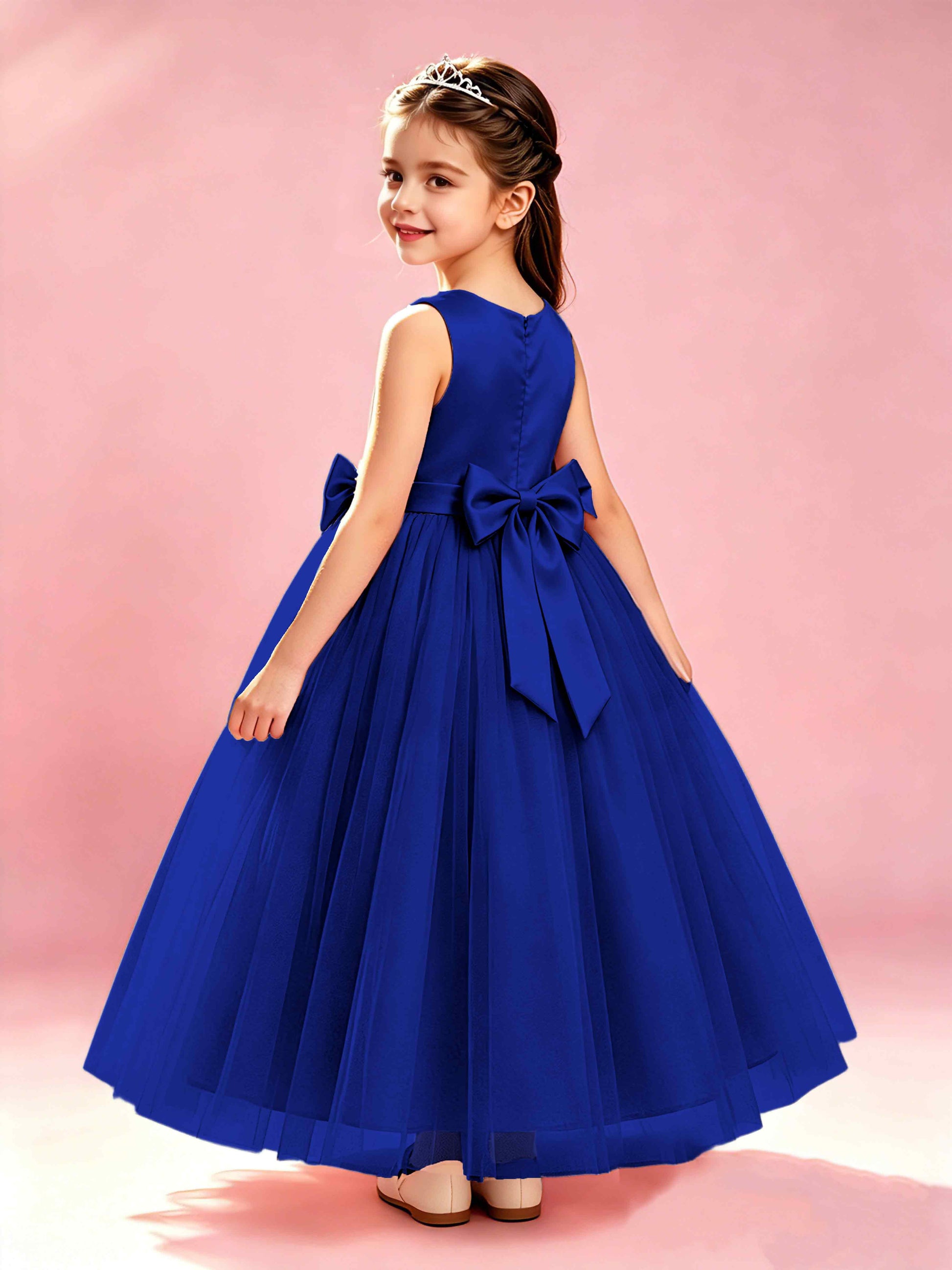 Satin Tulle Flower Girl Dress with Bow Princess Girls Pageant Gowns