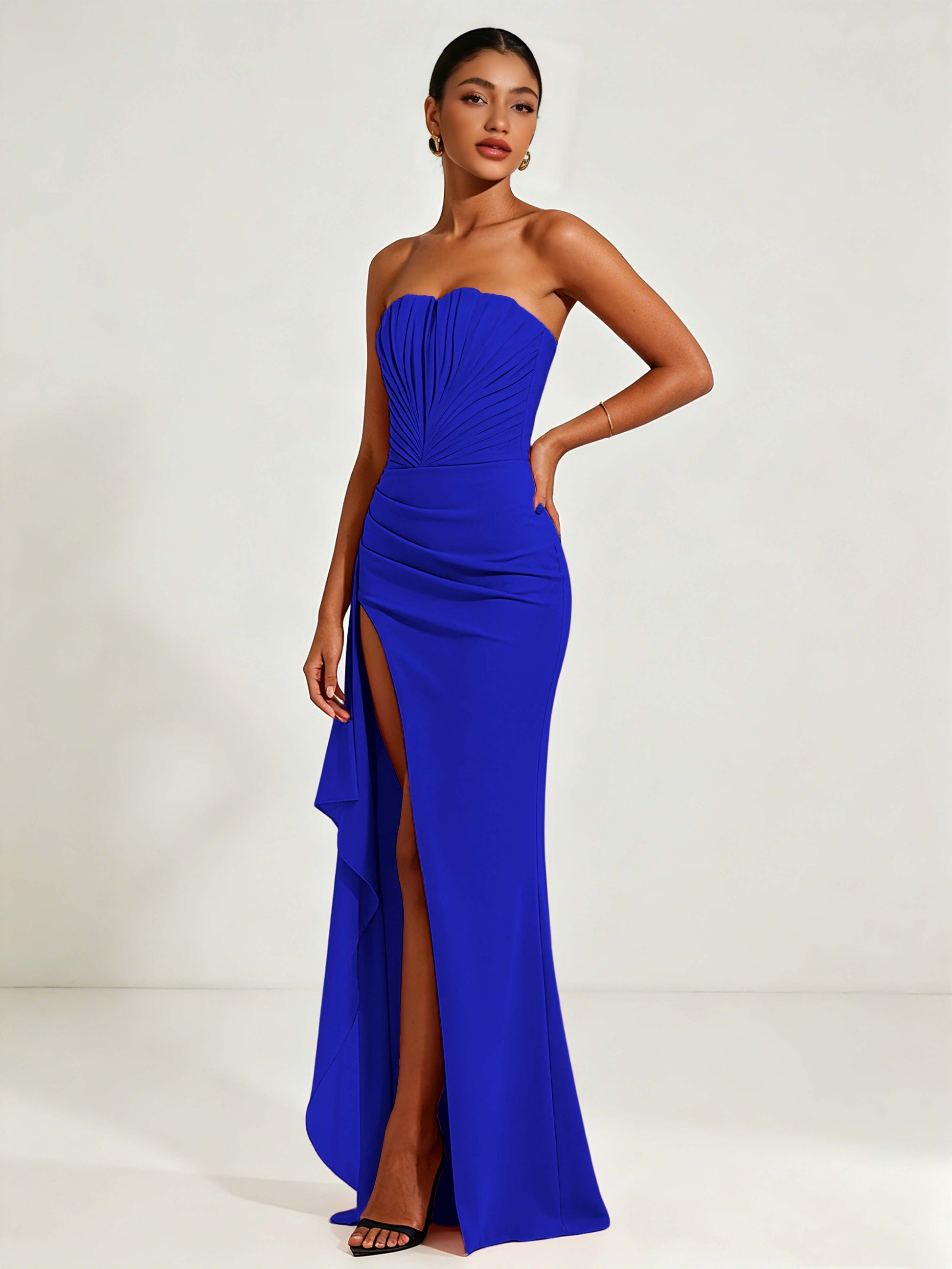 Strapless Ruched Bust Prom Dresses with Ruffle Slit