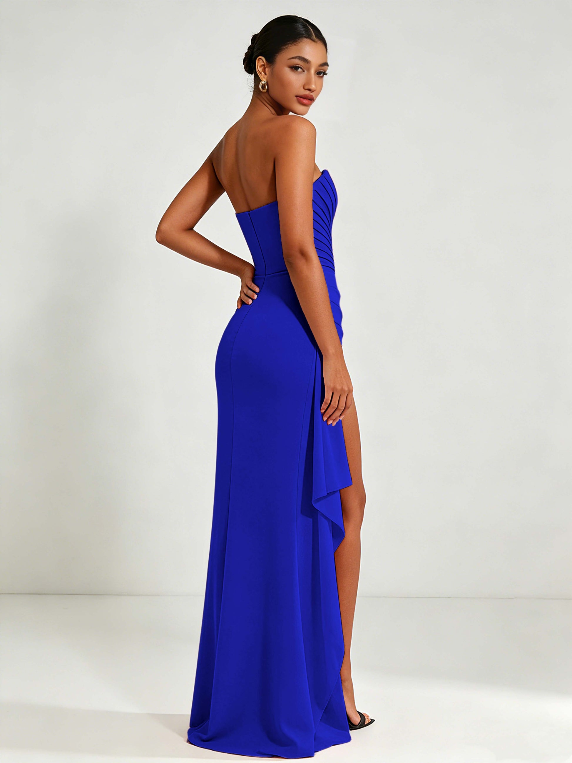 Strapless Ruched Bust Prom Dresses with Ruffle Slit