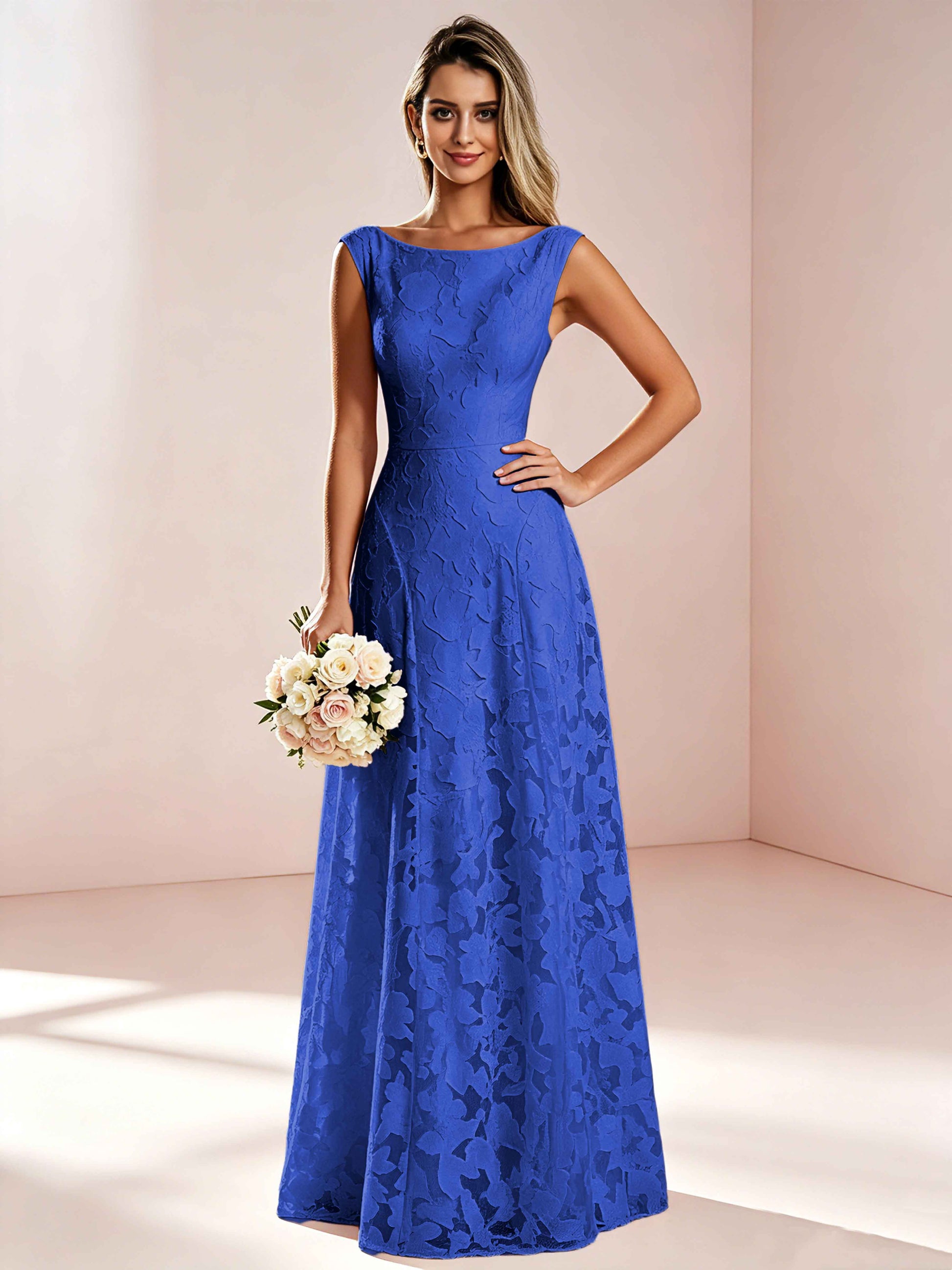 Boat Neck Jacquard Chiffon Floor Length Bridesmaid Dresses