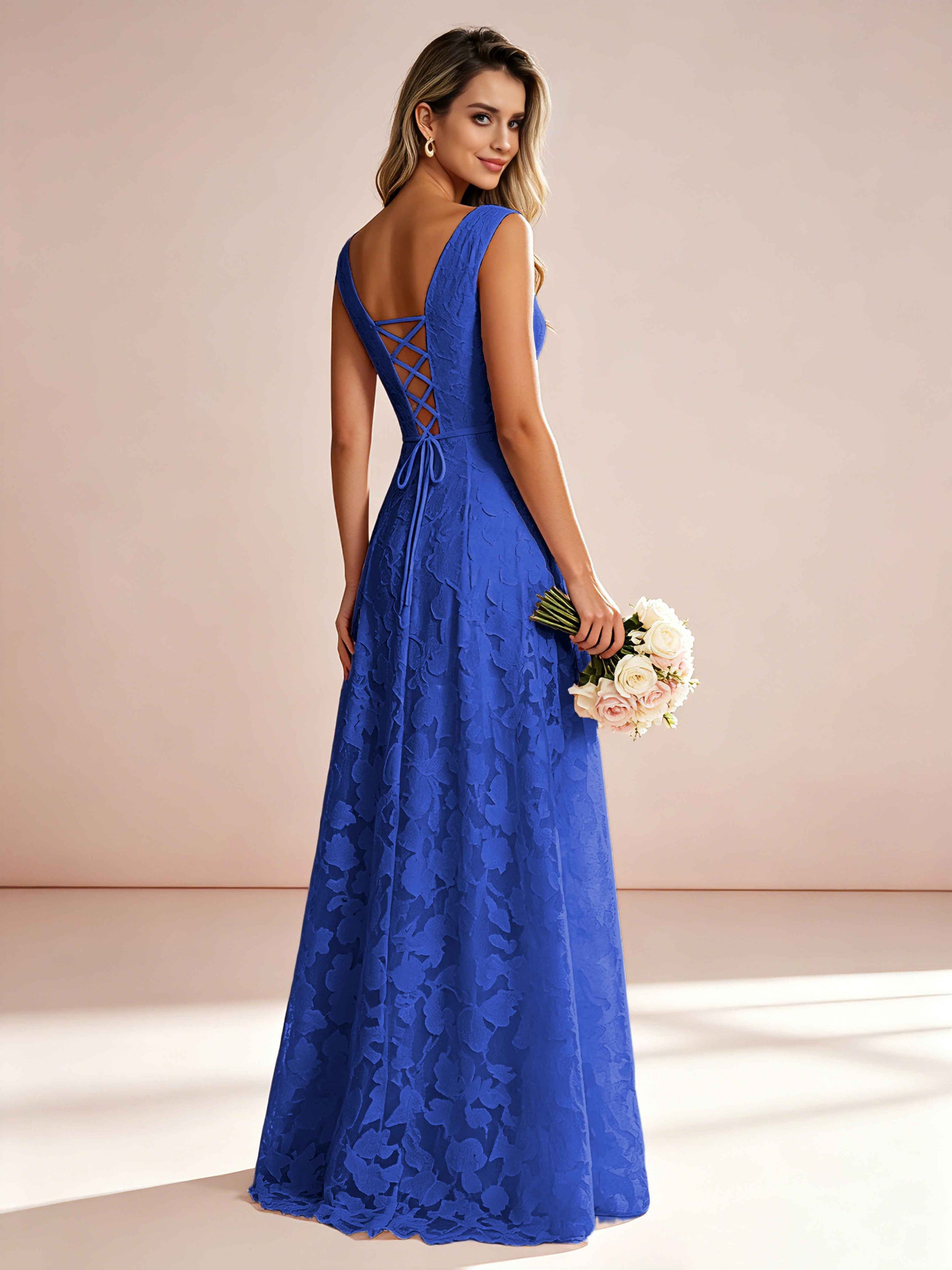 Boat Neck Jacquard Chiffon Floor Length Bridesmaid Dresses