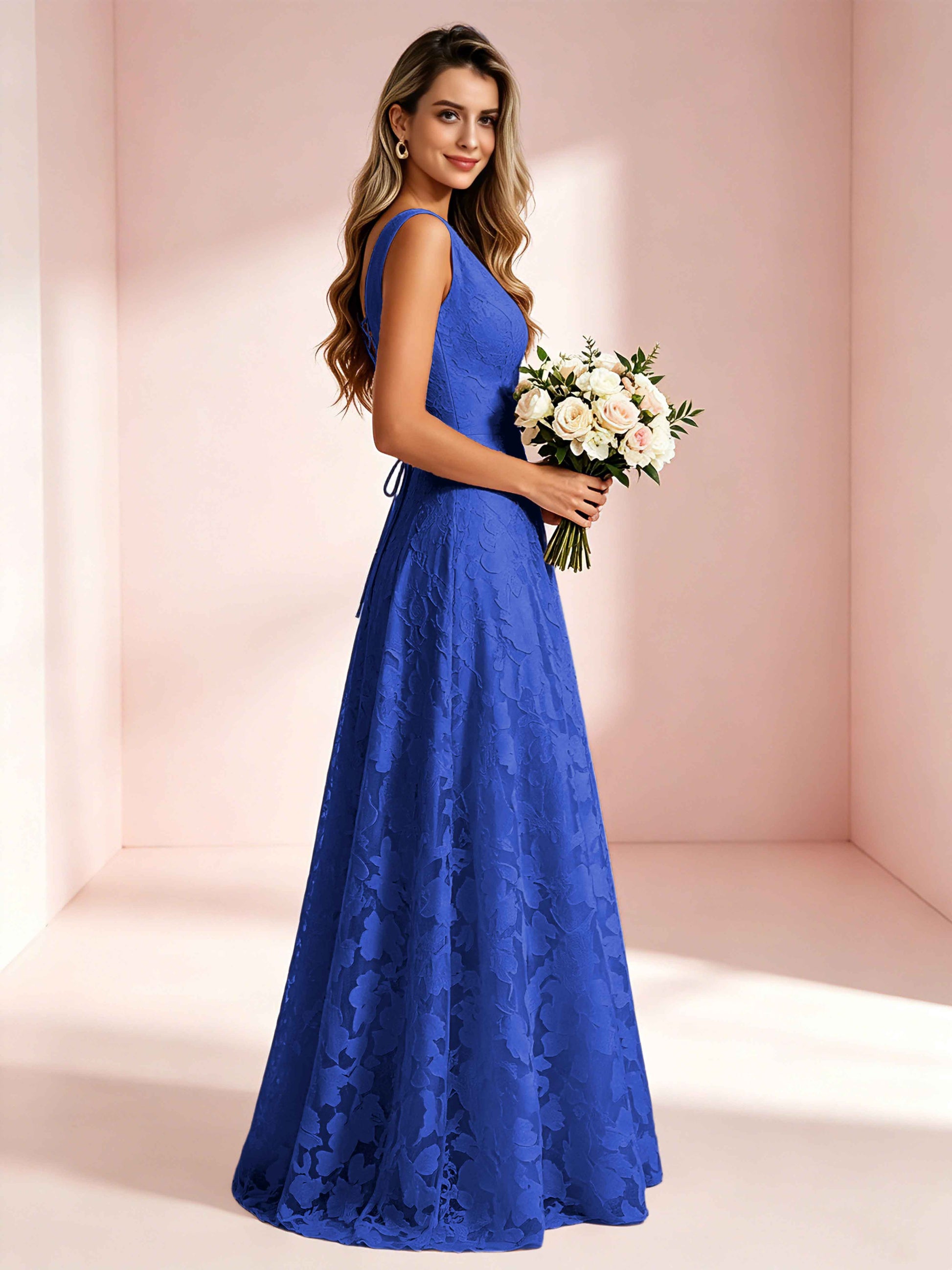 Boat Neck Jacquard Chiffon Floor Length Bridesmaid Dresses