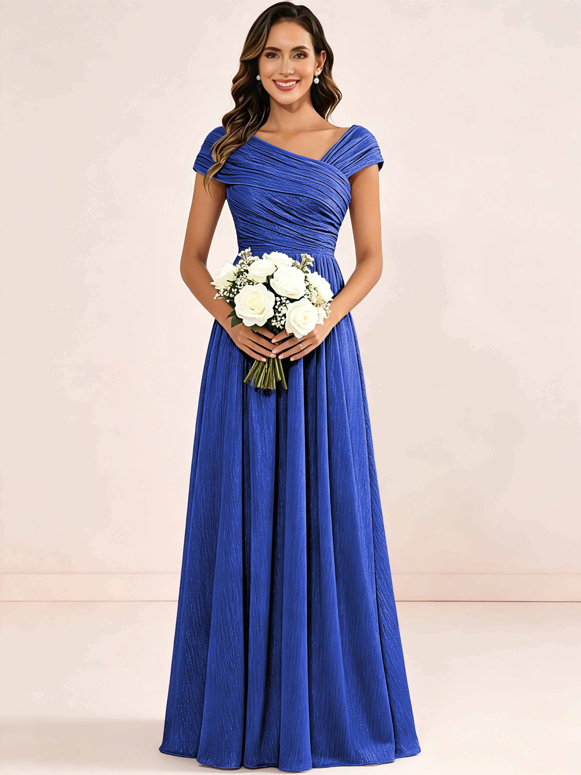 Shiny Striped Chiffon Ruched Cap Sleeve Mother of The Bride Dress